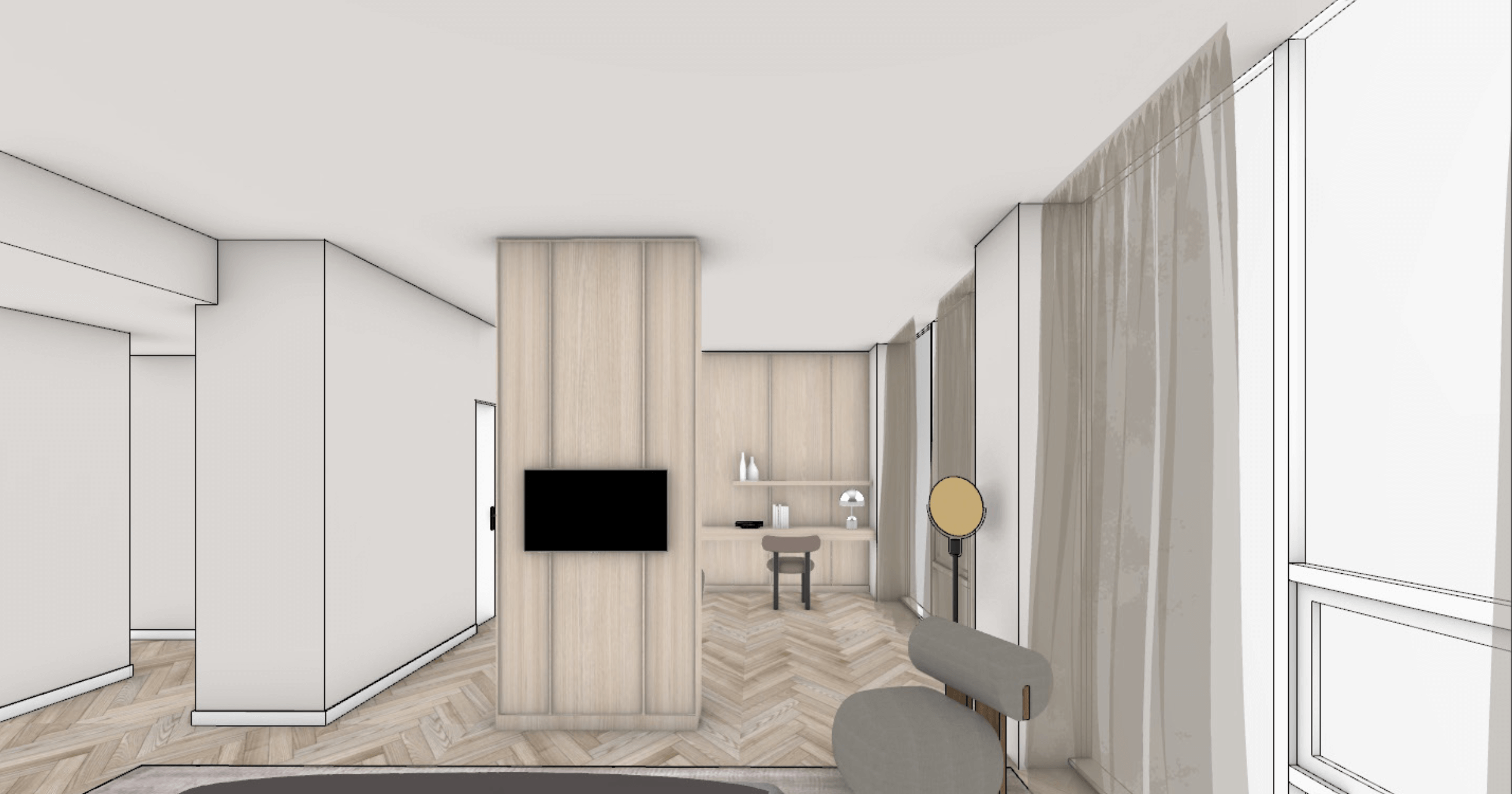 Interior of a modern living room with wood paneling, a mounted flat-screen TV, built-in desk with two vases and a table lamp, and a window with curtains.