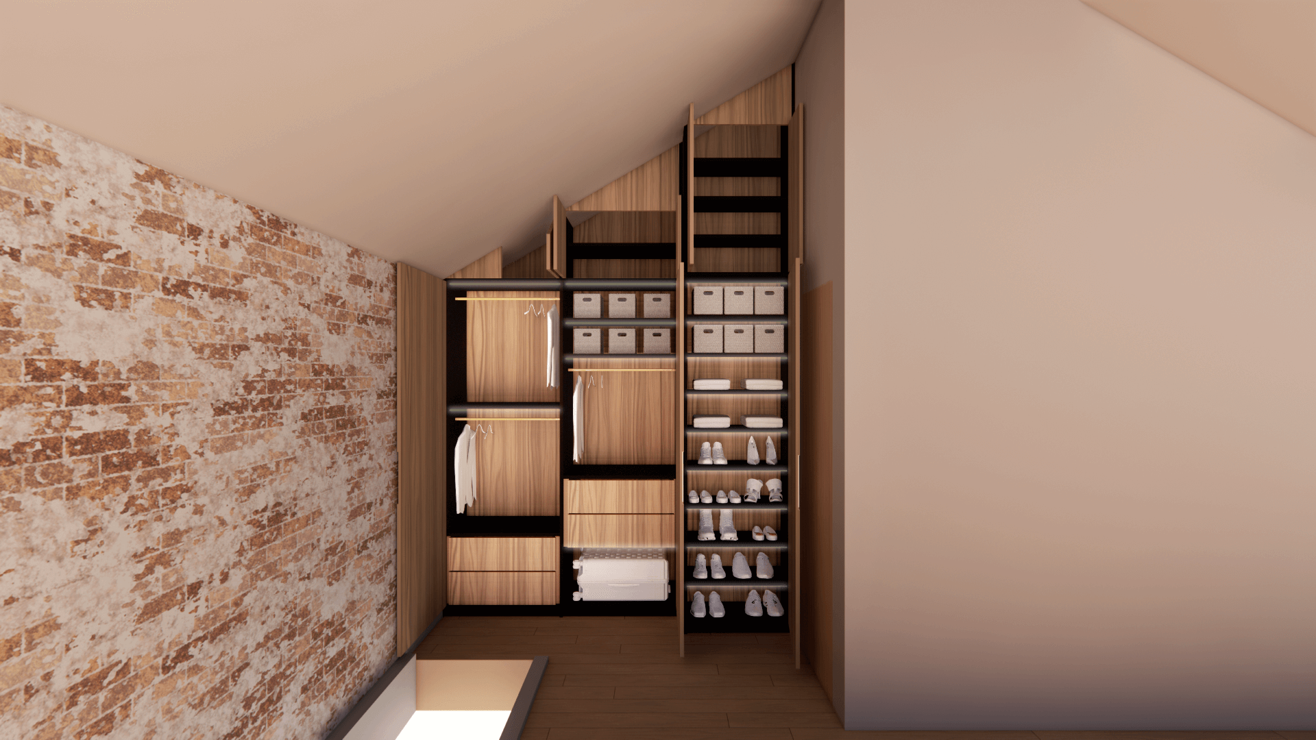 Walk-in closet with wooden shelving units holding folded clothes, shoes, and storage boxes, adjacent to a brick wall and a white wall.