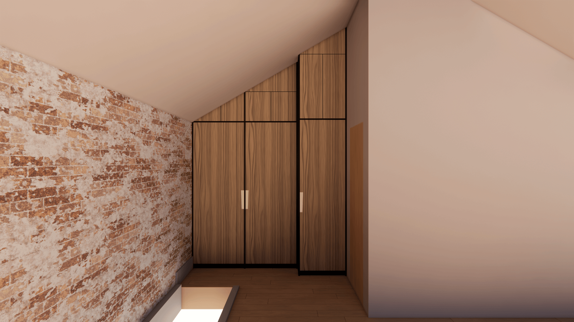 Corner of a room with a brick wall on the left, a plain off-white wall on the right, and wooden storage cabinets in the corner.