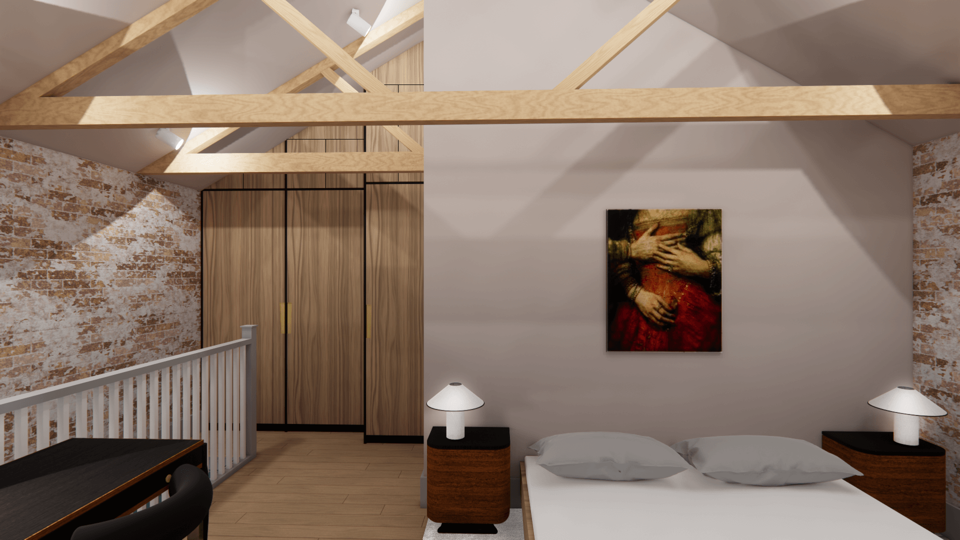 A modern bedroom with exposed brick walls, a white bed with gray pillows, two wooden nightstands with white lamps, a black desk with a black chair, a wooden wardrobe, and a painting of hands on a person’s torso hanging above the bed.
