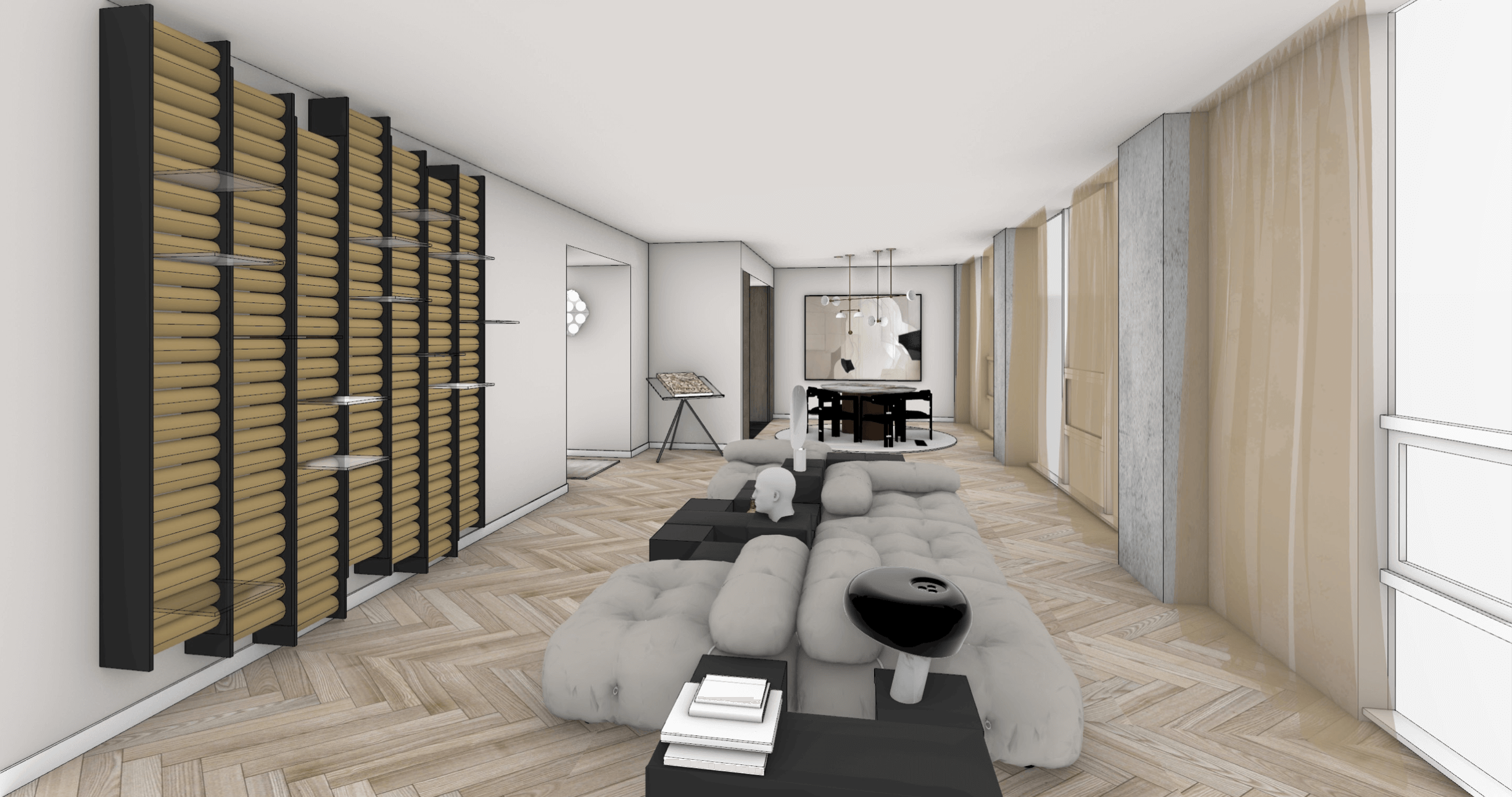 Open-concept living space with a large, plush, white sectional sofa, a black side table with books and a black helmet, and decorative head sculptures. The room features a wood herringbone floor, tall windows with beige curtains, and modern design elements including black shelving with rolled-up items on the left, and a dining area with a hanging light fixture and artwork on the walls in the background.