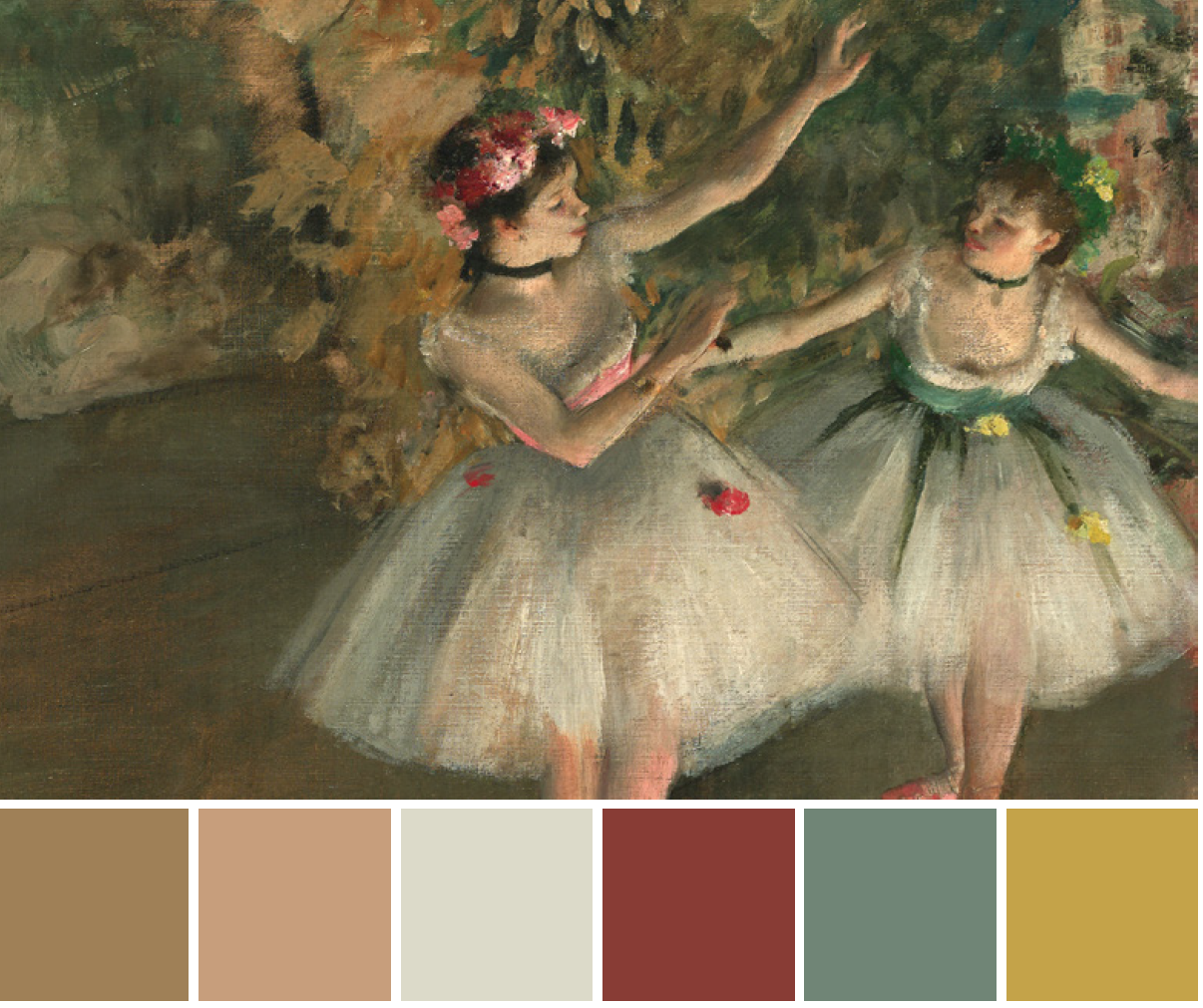 Painting of two ballet dancers in tutus, one with a flower crown and the other with a flower headband, engaged in a dance or performance. They are surrounded by an impressionistic background.