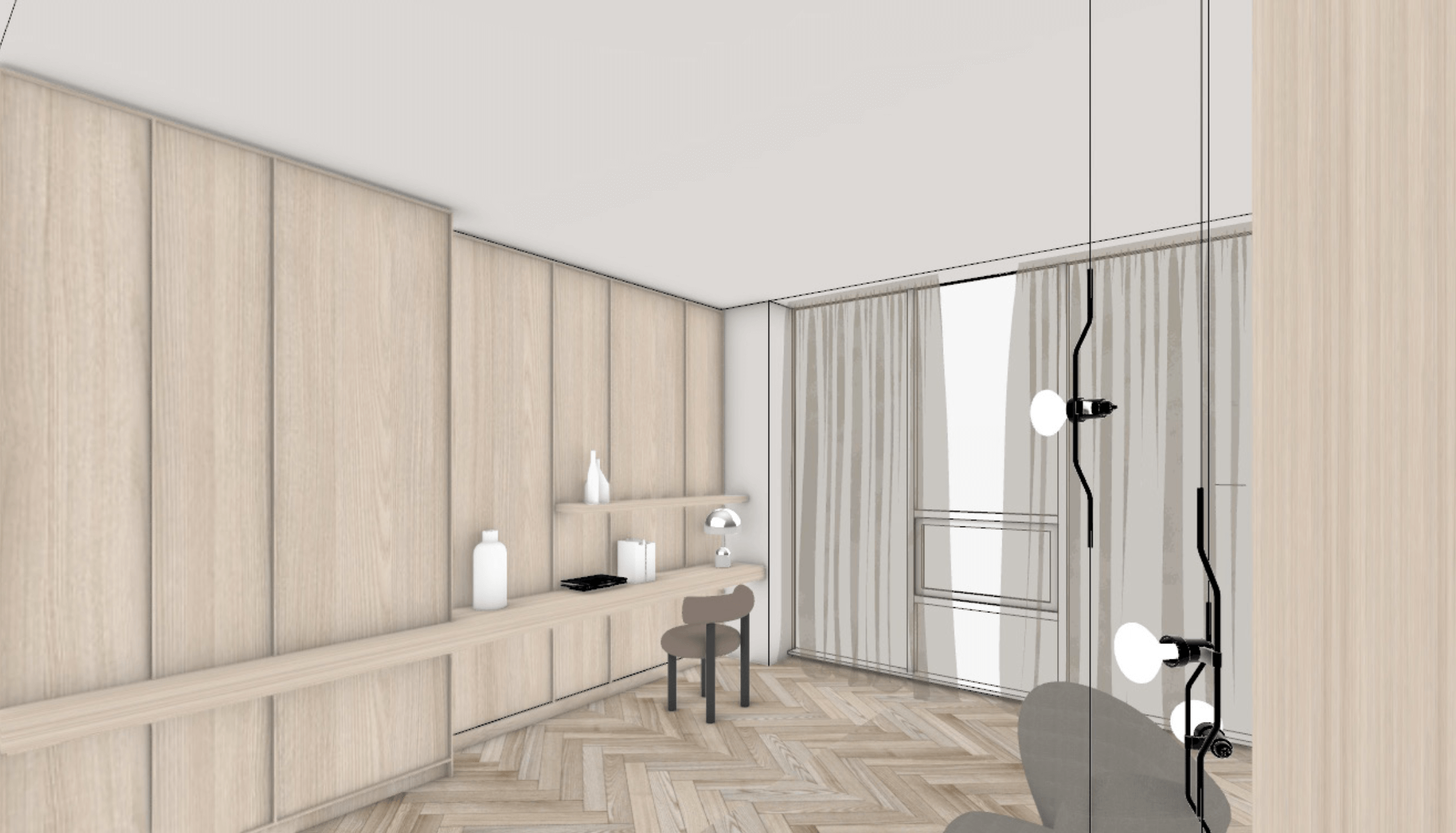 A modern minimalist room with light wood-paneled walls, a built-in shelf with decorative items, a small desk and chair, a large window with sheer curtains, and a black and white hanging light fixture.