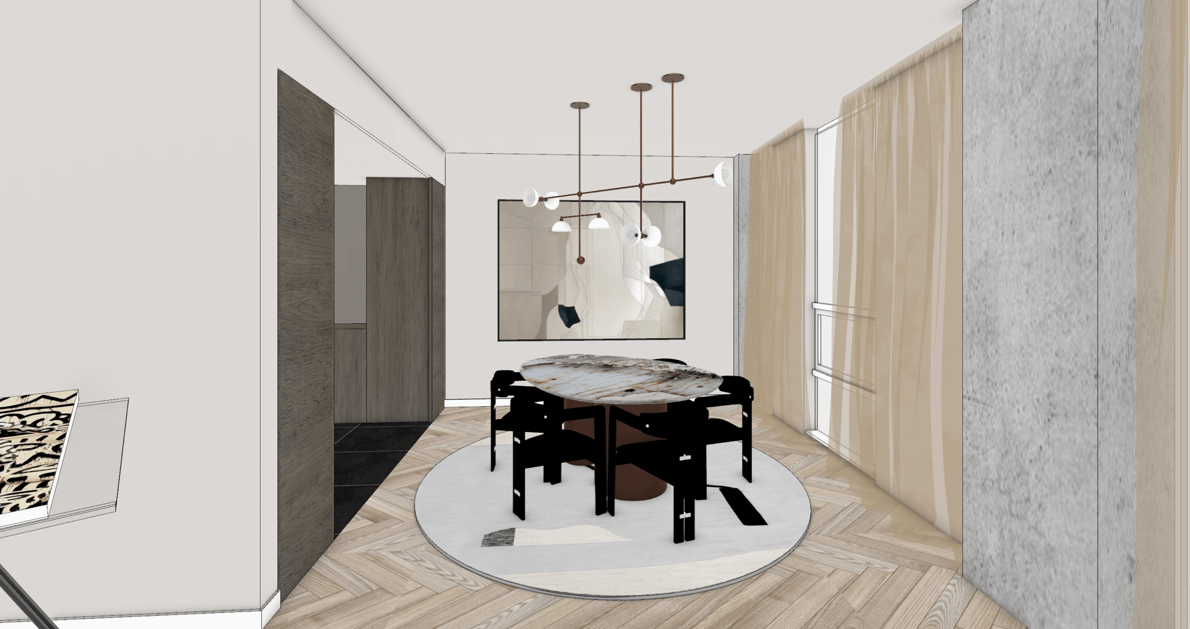 A modern dining room with a round marble table, four black chairs, a large abstract painting on the wall, a contemporary chandelier, beige curtains, and wood flooring.