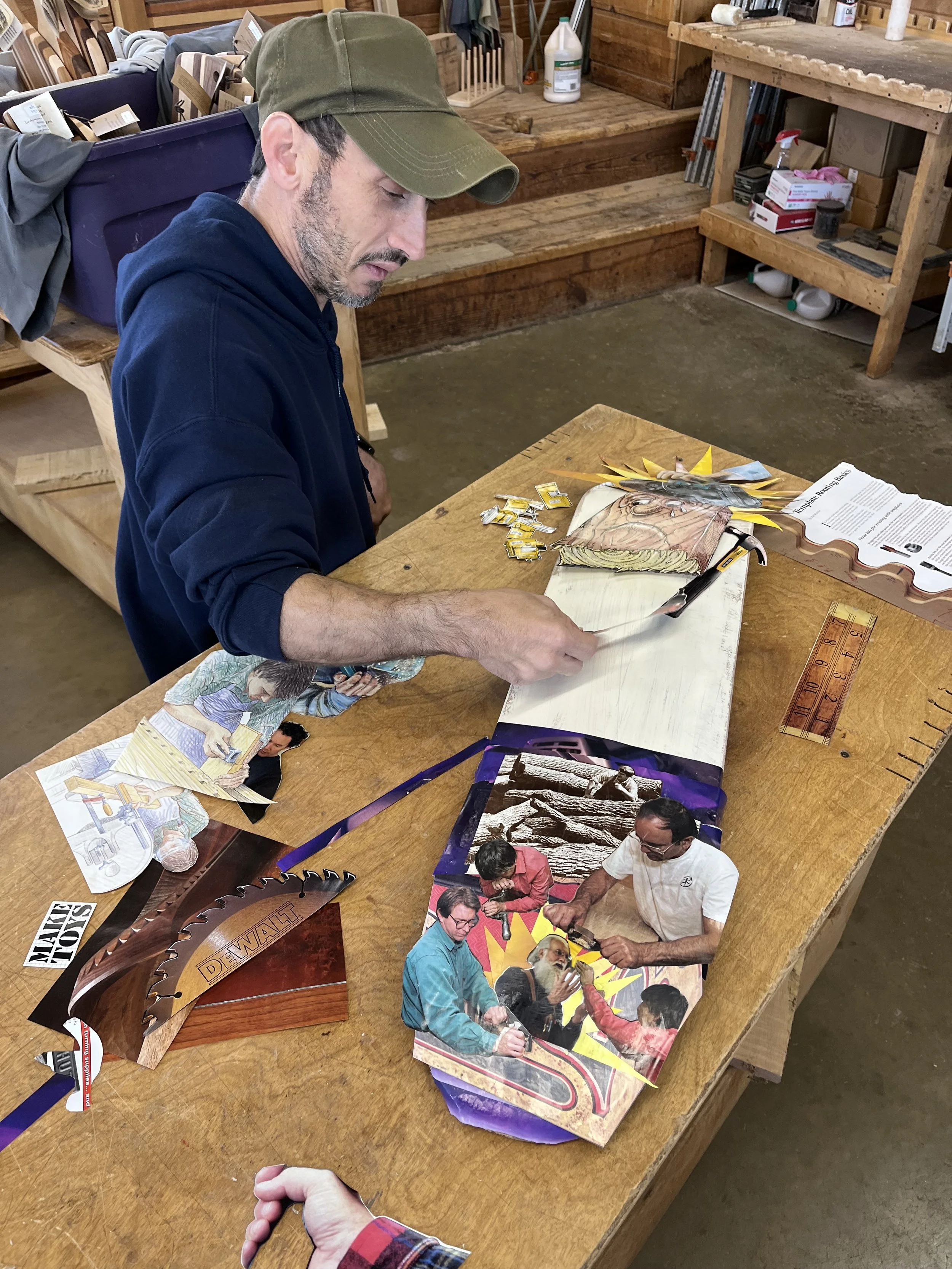 Kevin collages with found photos + magazines