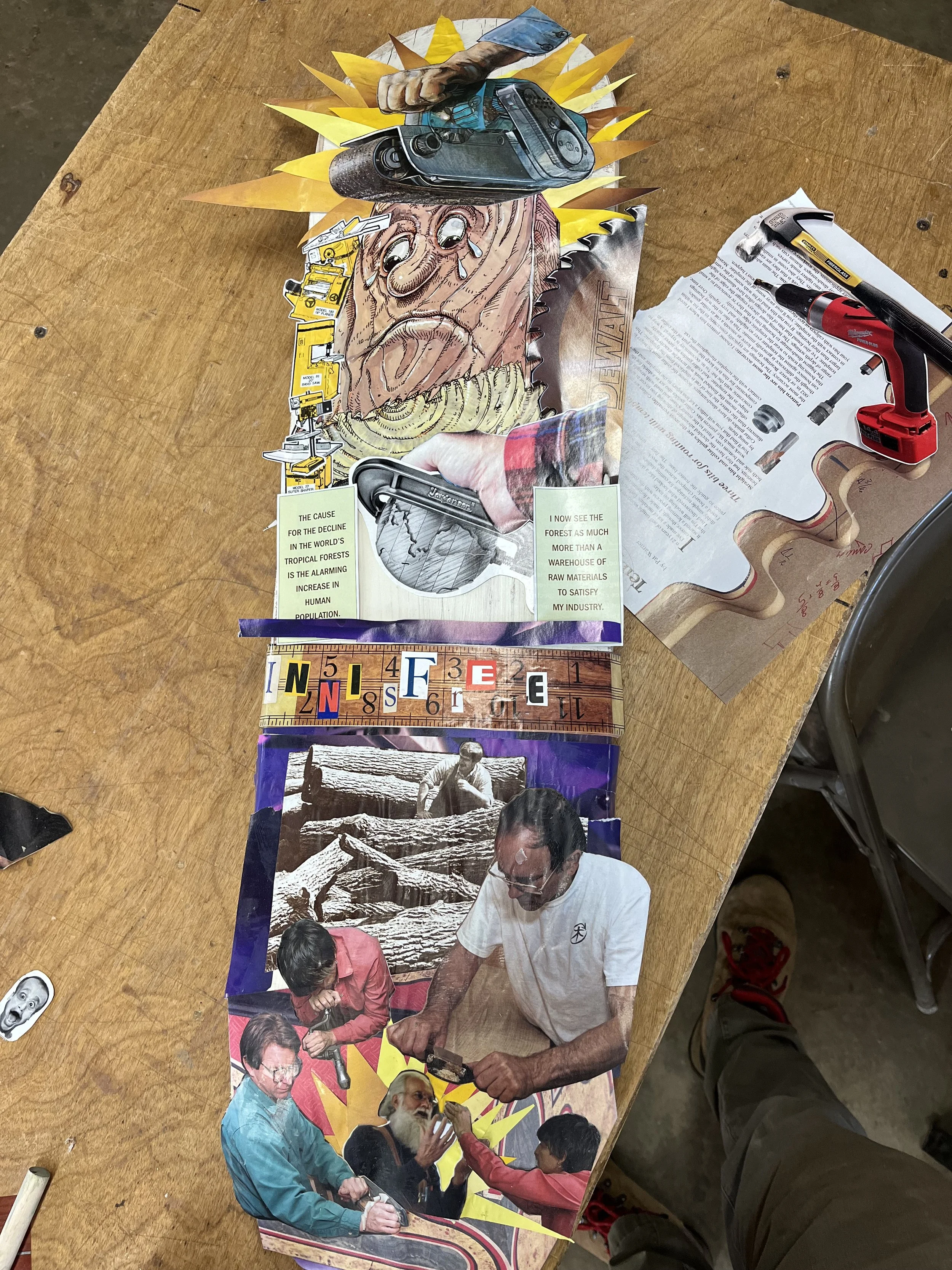 Board featuring cutouts from an old woodshop magazine