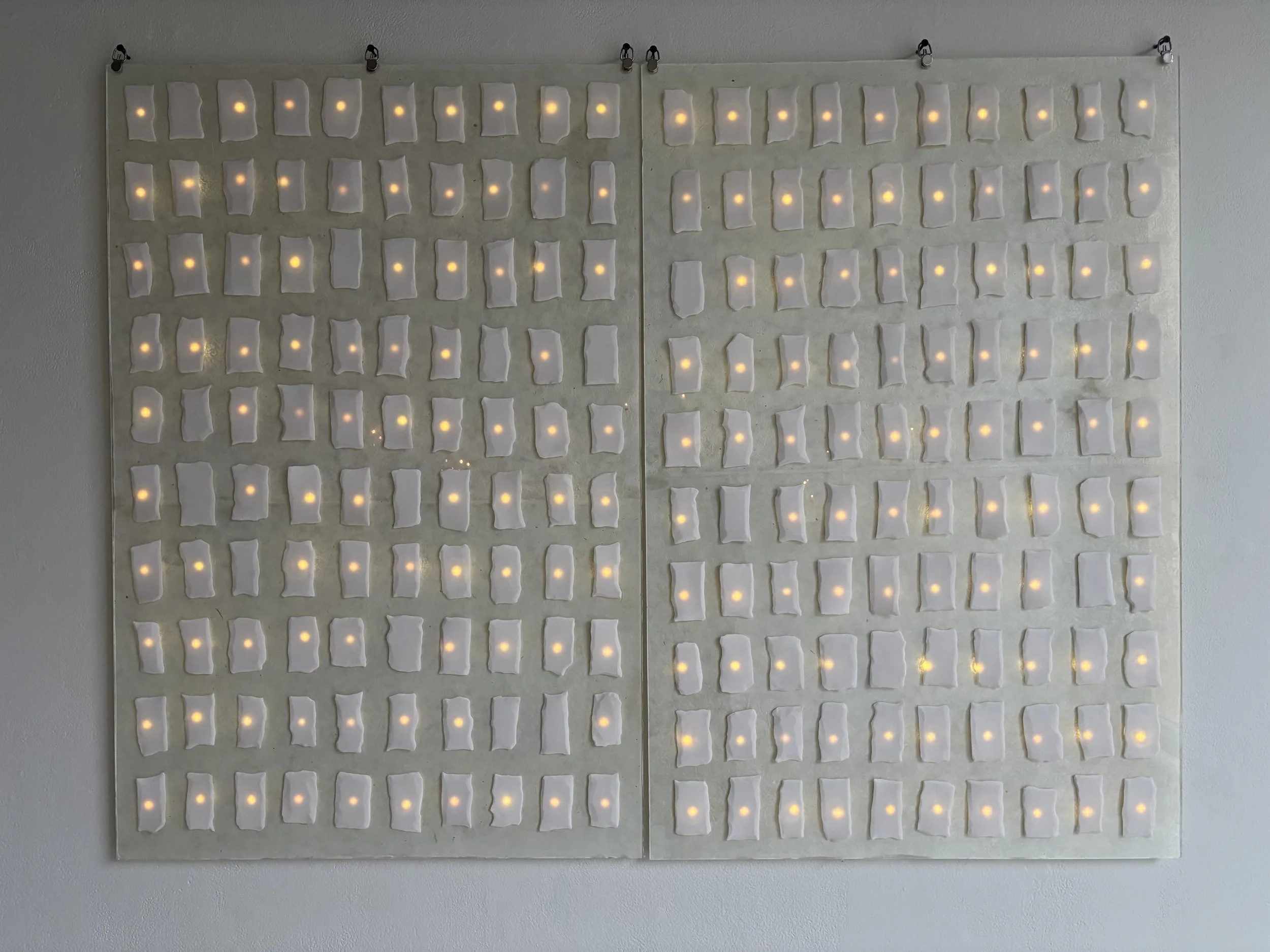 "Codified Index," 4' x 3,' ceramic, lights, rice paper, glass, 2024