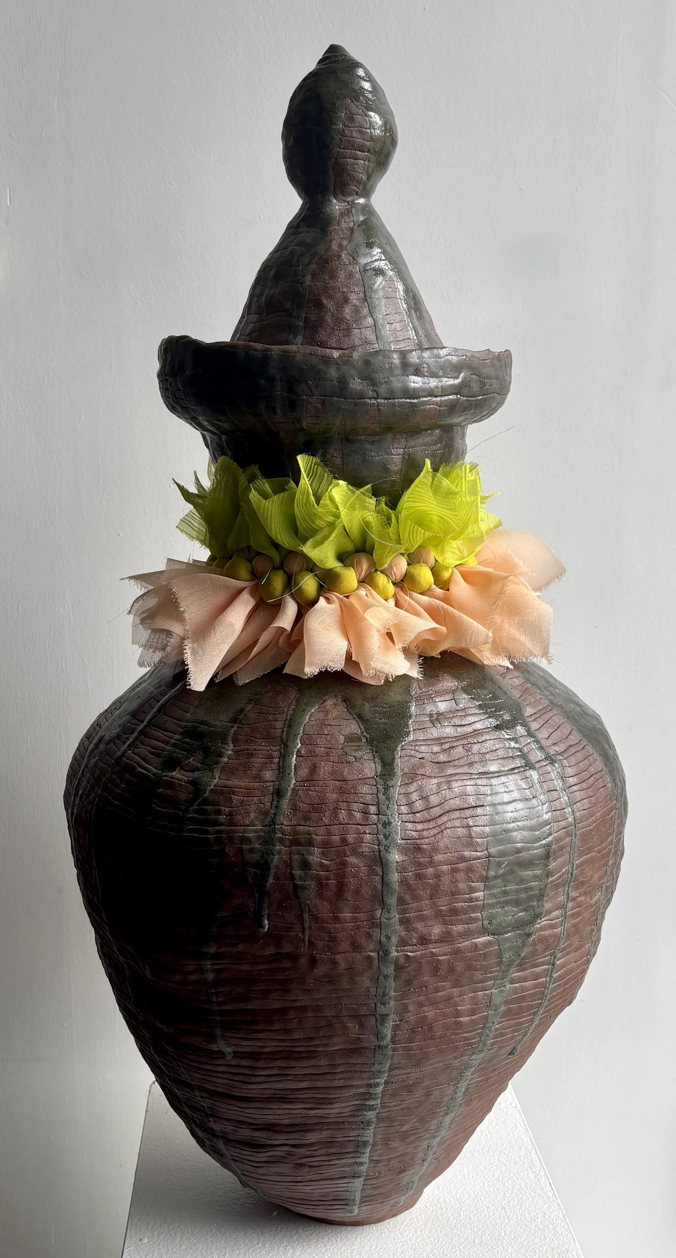 "Vernal," ceramic, chiffon, thread, 2026