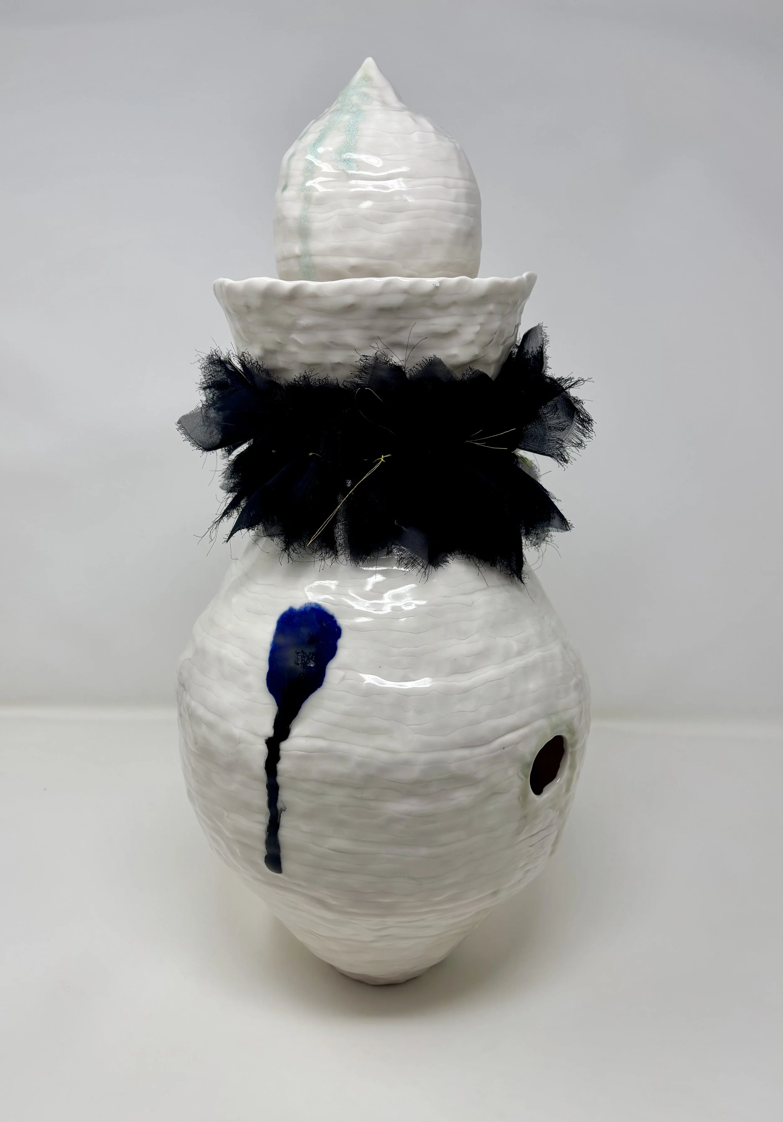 "Empty Vessel #1," ceramic, chiffon, thread, 2026