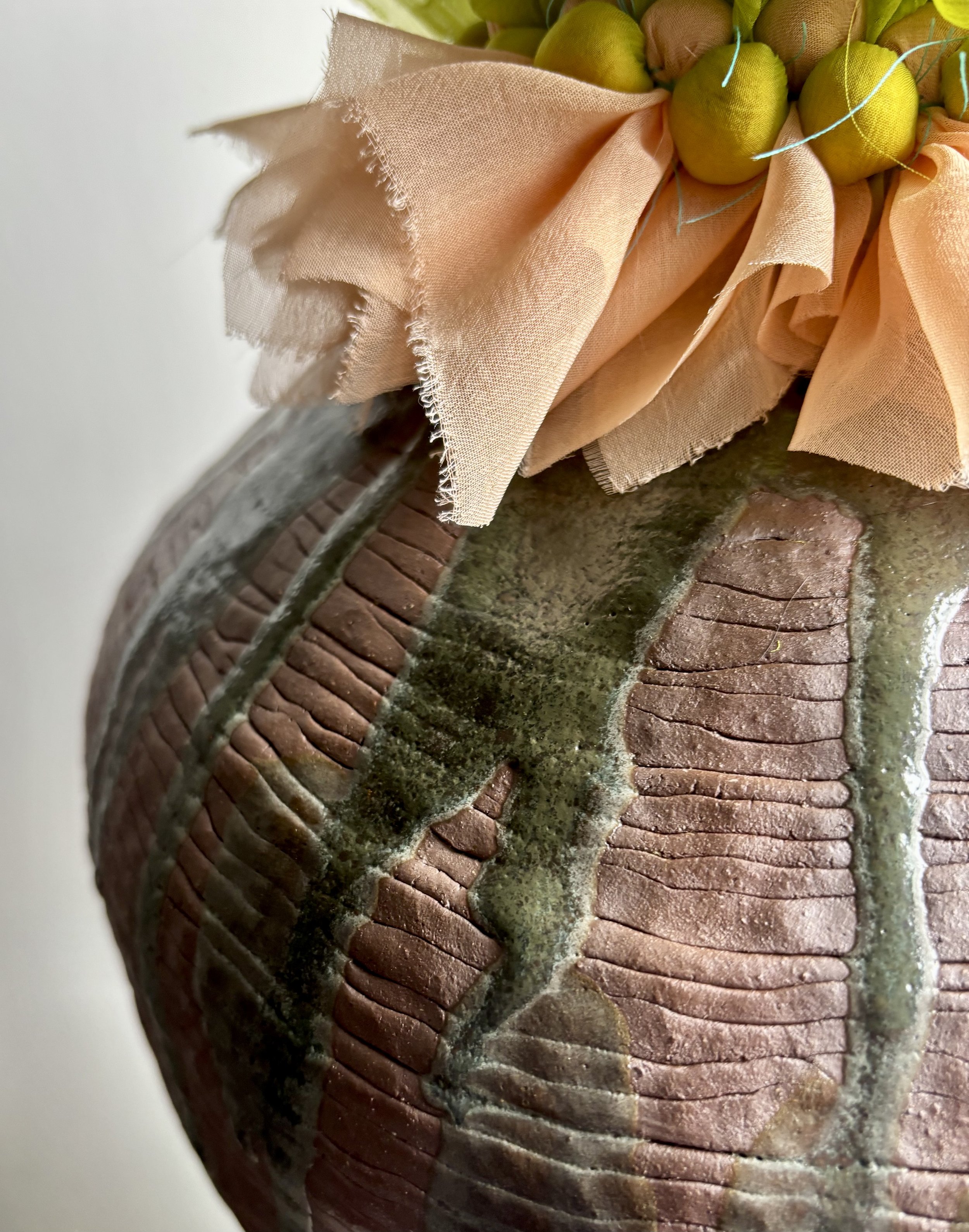 "Vernal," ceramic, chiffon, thread, 2026