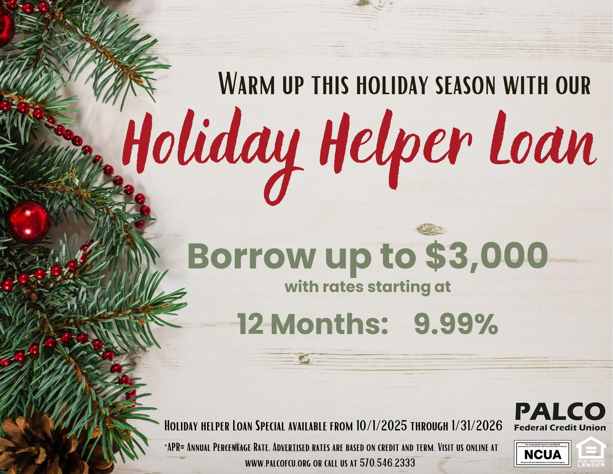 Manage your spending this Holiday Season with a Holiday Helper Loan from PALCO Federal Credit Union. Reduce the holiday stress and start planning your holiday celebrations early!

Give us a call today at 570-546-2333 or visit our website at http://ww