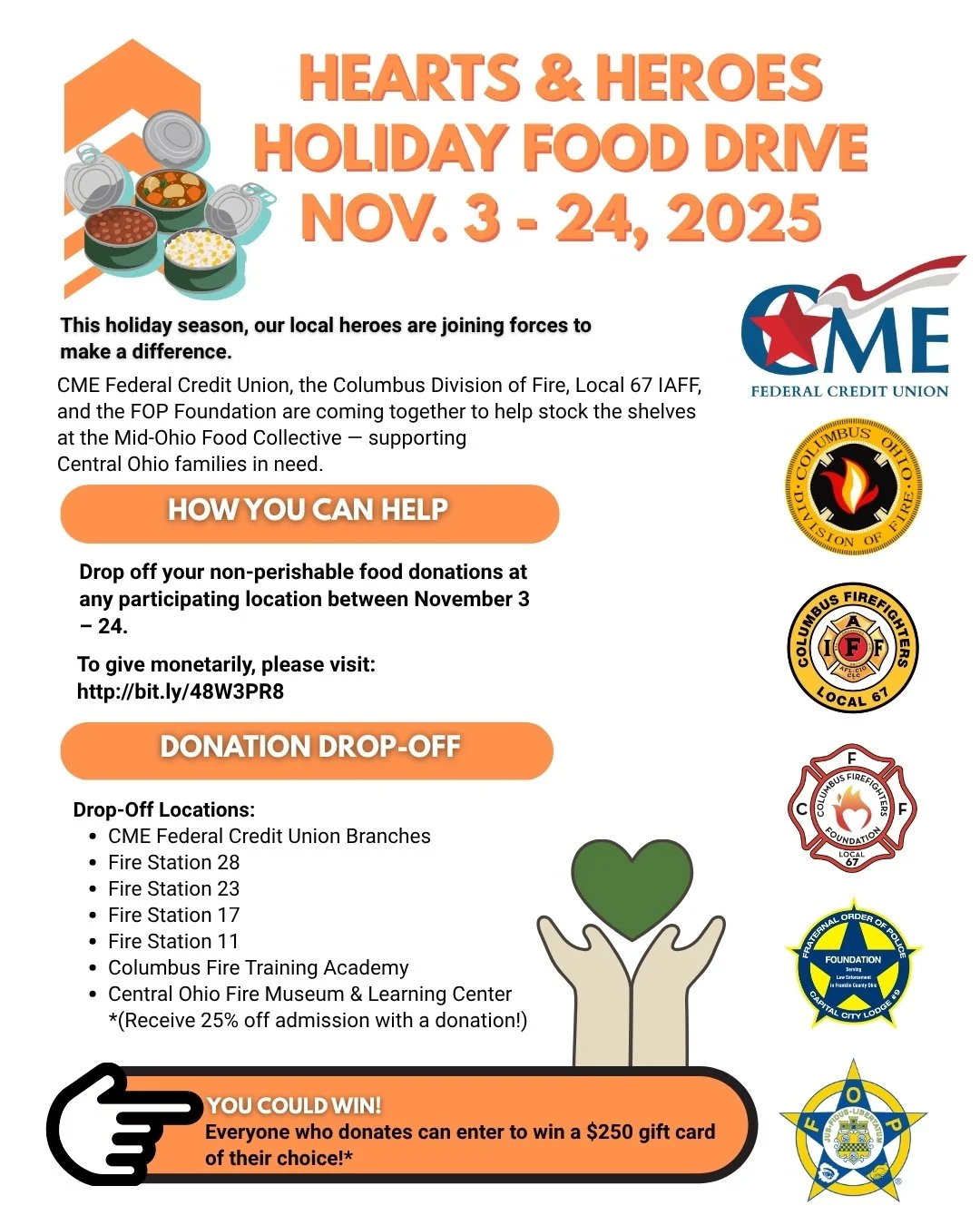This holiday season, our local heroes are joining forces to make a difference.

CME Federal Credit Union, the Columbus Division of Fire, Columbus Firefighters Union Local 67, Columbus Firefighters Foundation, FOP Capital City Lodge #9, the Capital Ci