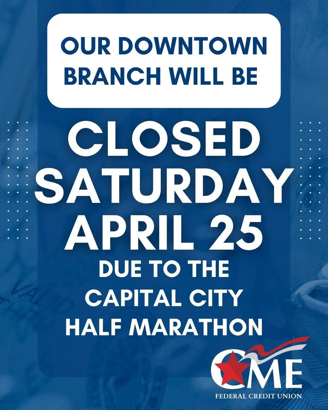 🏃&zwj;♂️🏁 Good luck to all the amazing runners participating in the Capital City Half Marathon this weekend! 
Please note: Our Downtown branch will be closed this Saturday, April 25 due to the race.
We apologize for any inconvenience this may cause