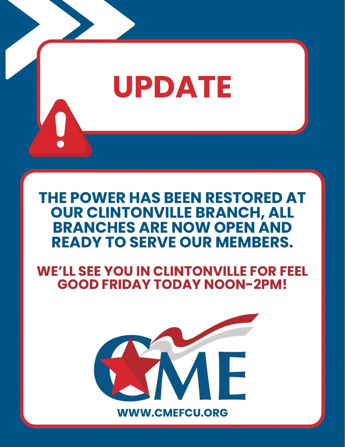 THE POWER HAS BEEN RESTORED AT OUR CLINTONVILLE BRANCH, ALL BRANCHES ARE NOW OPEN AND READY TO SERVE OUR MEMBERS.

WE&rsquo;LL SEE YOU IN CLINTONVILLE FOR FEEL GOOD FRIDAY TODAY NOON-2PM!