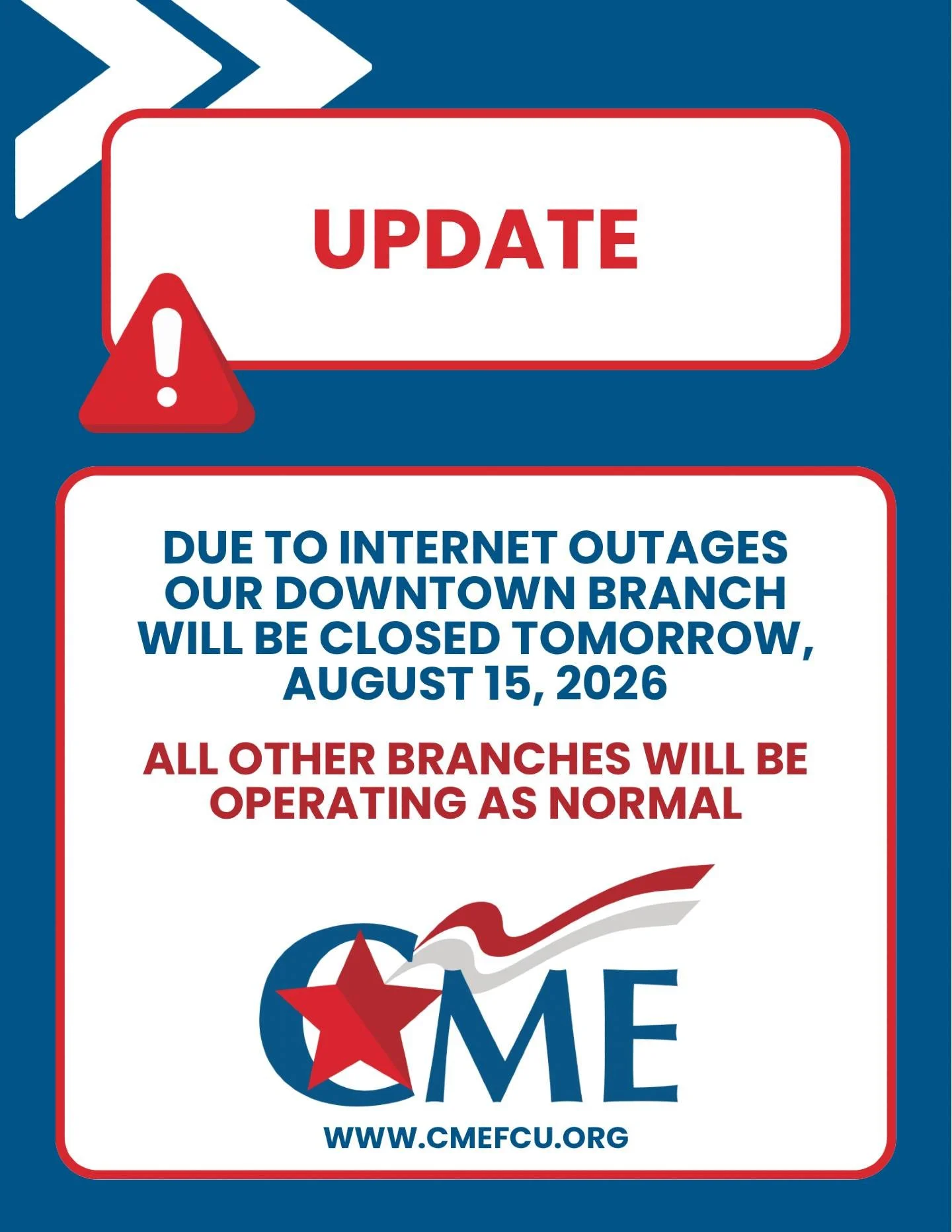 DUE TO INTERNET OUTAGES OUR DOWNTOWN BRANCH WILL BE CLOSED TOMORROW, AUGUST 15, 2026.

ALL OTHER BRANCHES WILL BE OPERATING AS NORMAL.