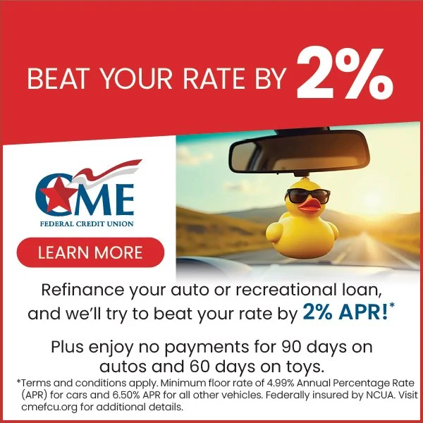 CME Federal Credit Union auto loan refinance promotion advertising a 2% APR rate reduction, featuring a rubber duck driving on an open road and text offering to beat your current auto or recreational loan rate by 2%.