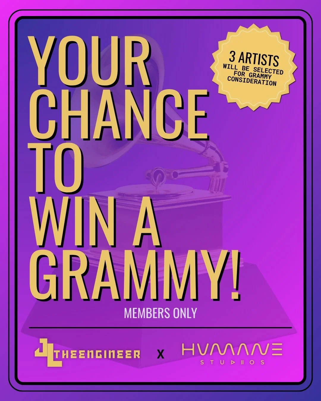 ✨For Serious Artists Only 💫

Did you release a single within the past 12 months that you think has Grammy potential? 👀

@hvmanestudios and Recording Academy Member @jltheengineer are here to open that door for you!

We are selecting 3 members for G