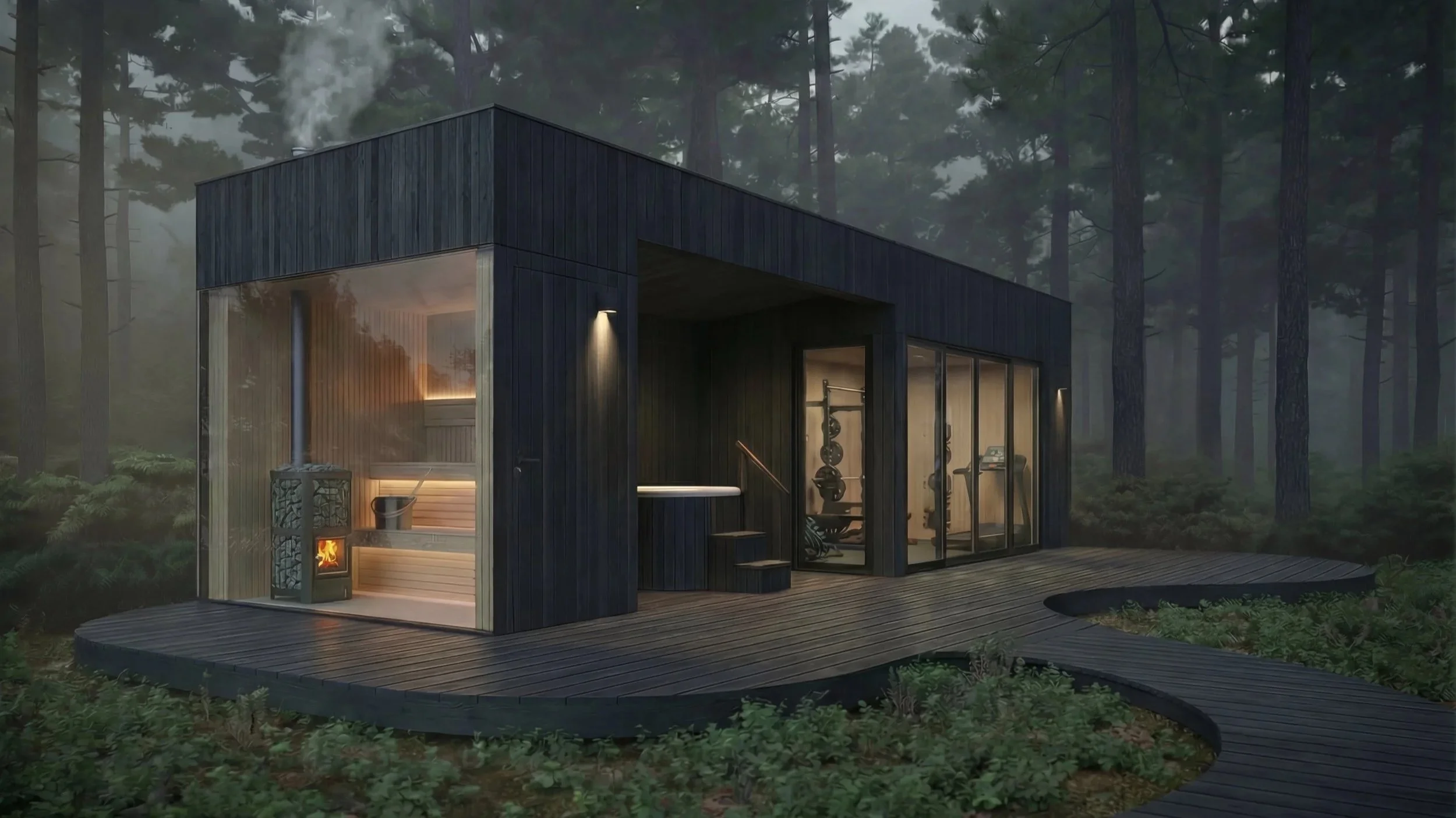 Modern wooden house near a lake with a mountain range in the background during sunset.