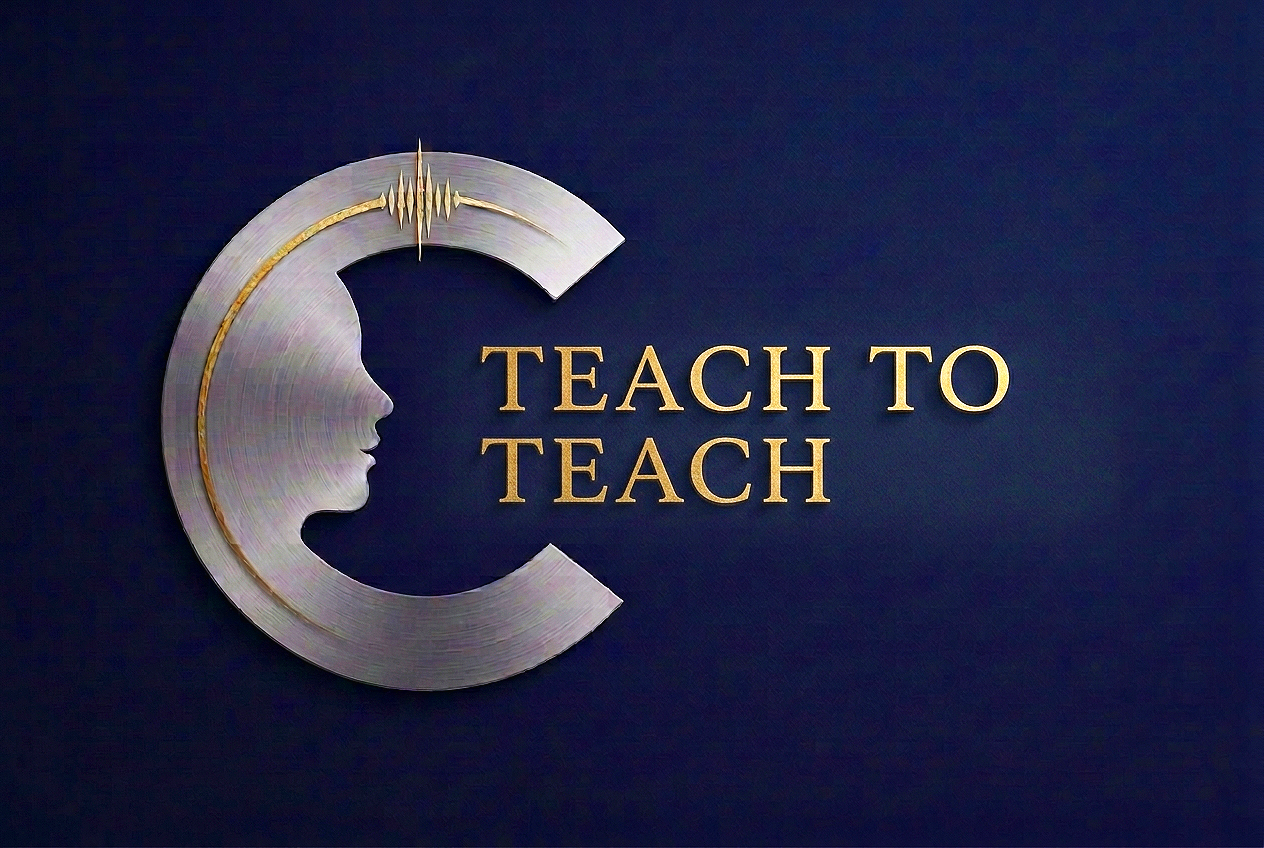 Vocal Coaching Strategico Logo con silhouette di un volto di profilo circondato da un semicerchio, e la frase 'Teach to Teach' in lettere d'oro su sfondo blu.