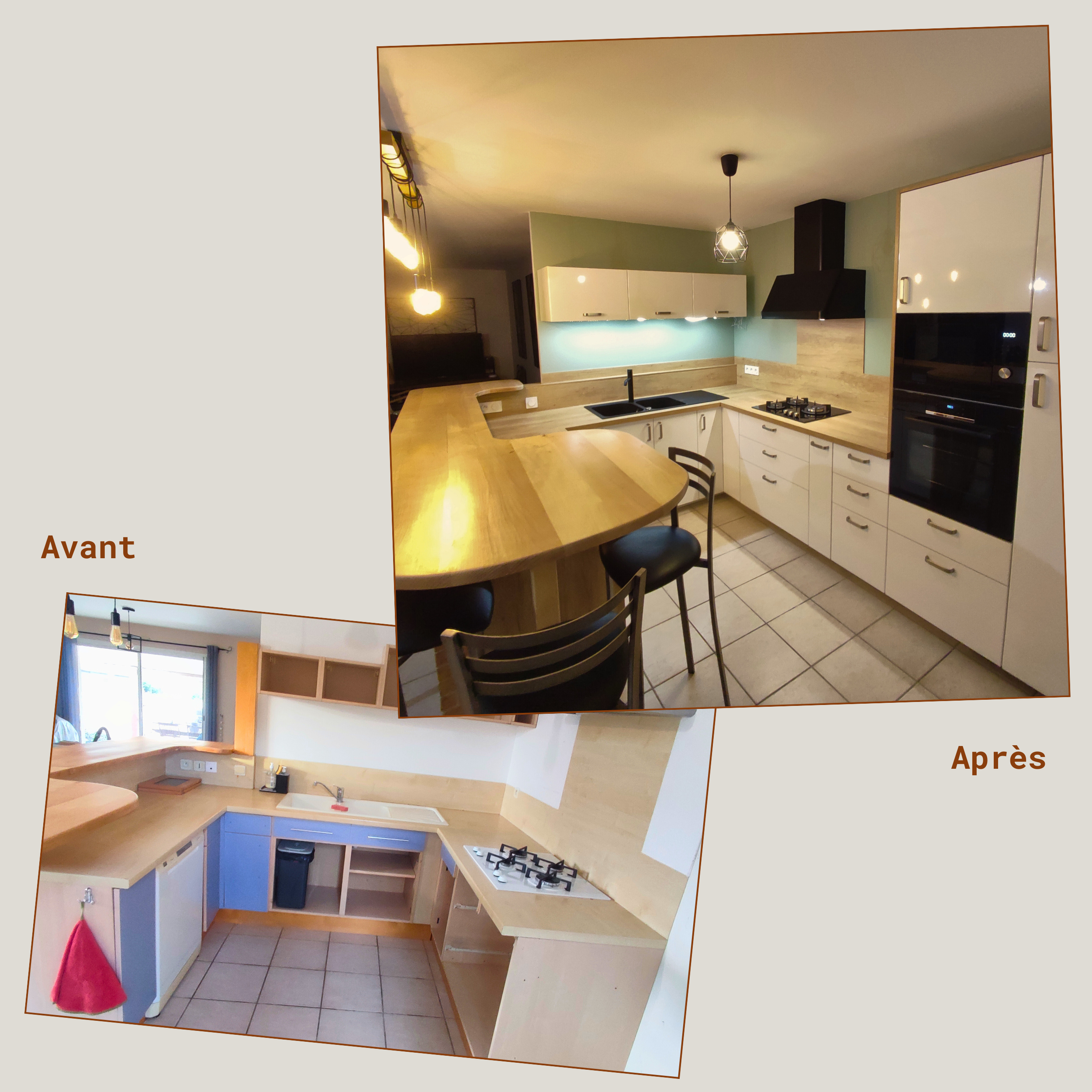 Rénovation de cette cuisine avec remise en état d’un comptoir-bar en hêtre massif, poncé et verni.