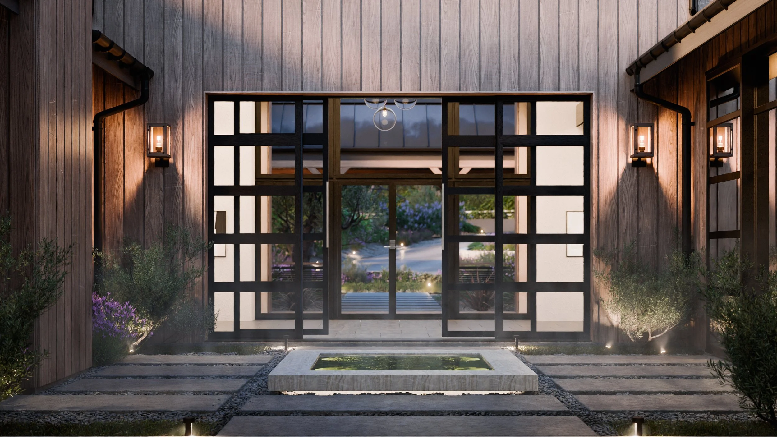 Modern house entrance with large glass door, wooden exterior walls, and landscaped pathway with small fountain, outdoor lighting, and greenery.