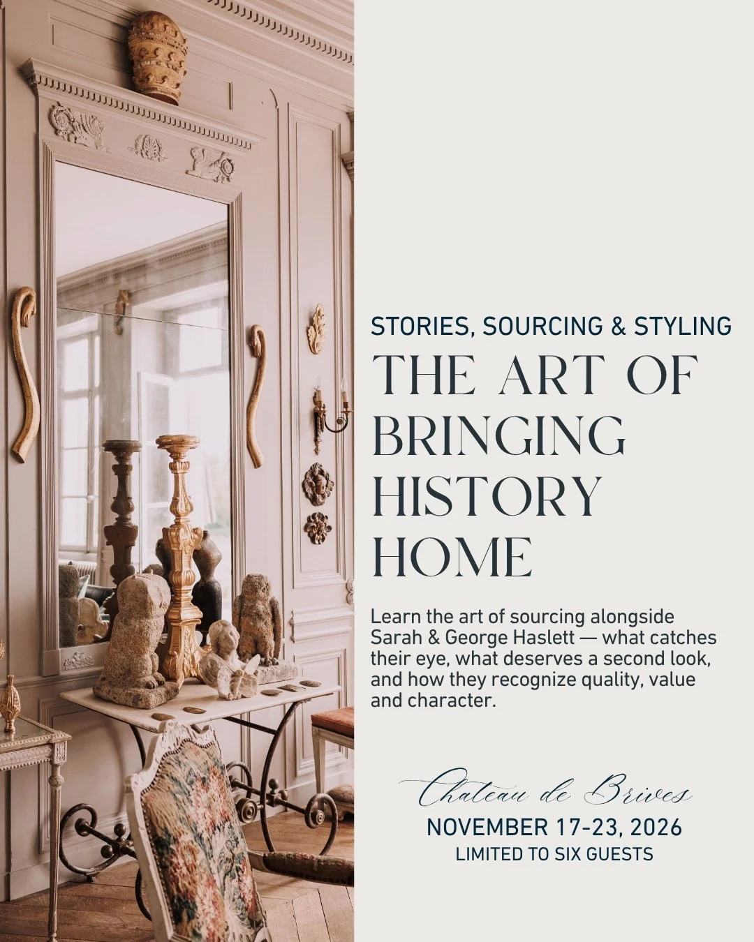 There&rsquo;s a difference between admiring a beautiful piece and knowing what makes it special.

This November, we&rsquo;ll spend six nights at Ch&acirc;teau de Brives immersed in the world Sarah and George Haslett have spent years building.

And we