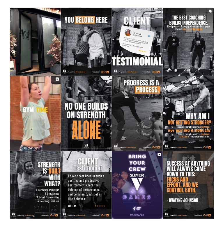 A collage of motivational fitness and coaching images featuring people training, testimonials, and inspirational quotes about strength, progress, and teamwork.