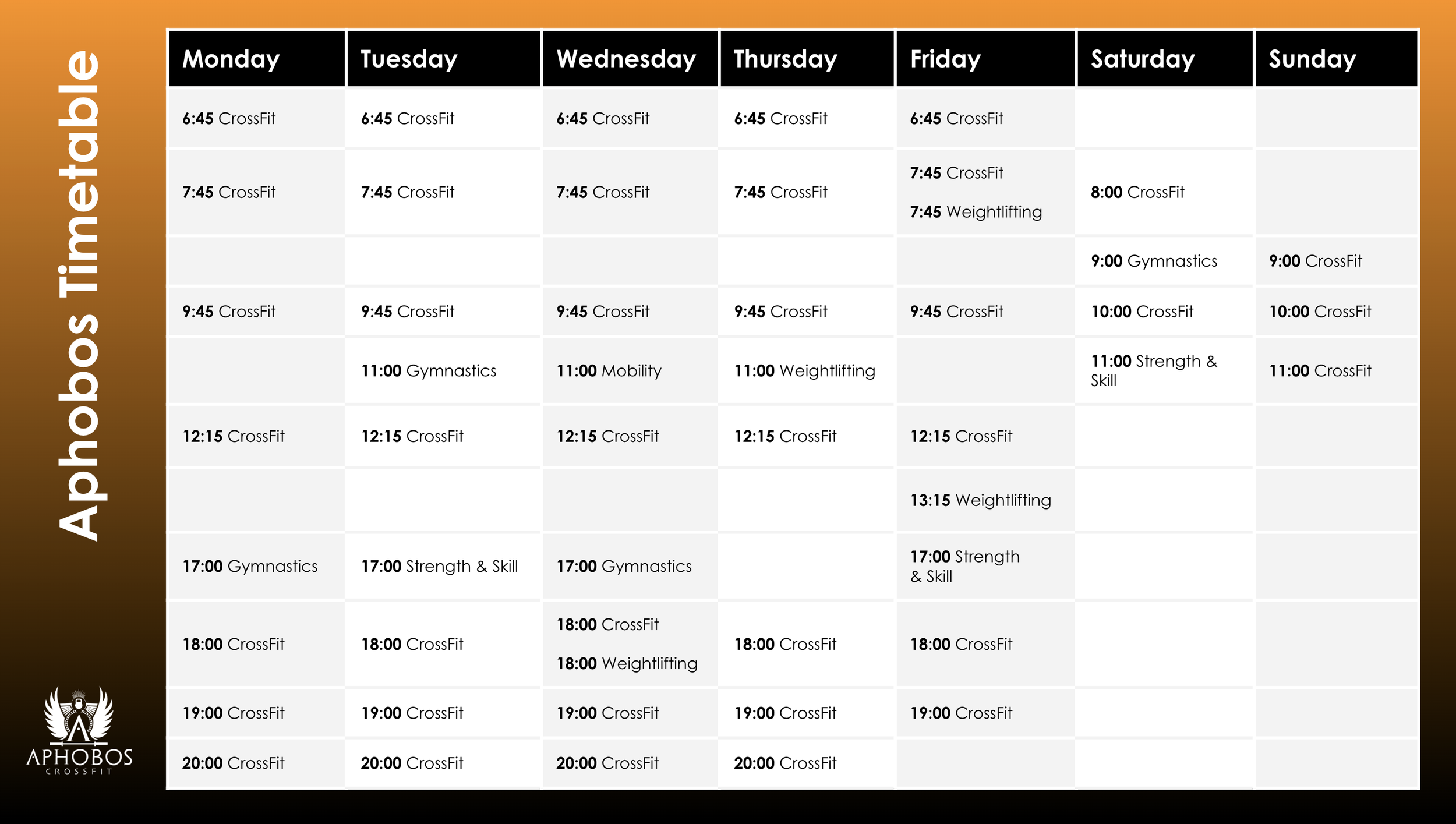Weekly gym class schedule for APHOBOS Crossfit, displaying classes from Monday to Sunday with times and activities including CrossFit, Gymnastics, Weightlifting, Mobility, Strength & Skill, at different times each day.