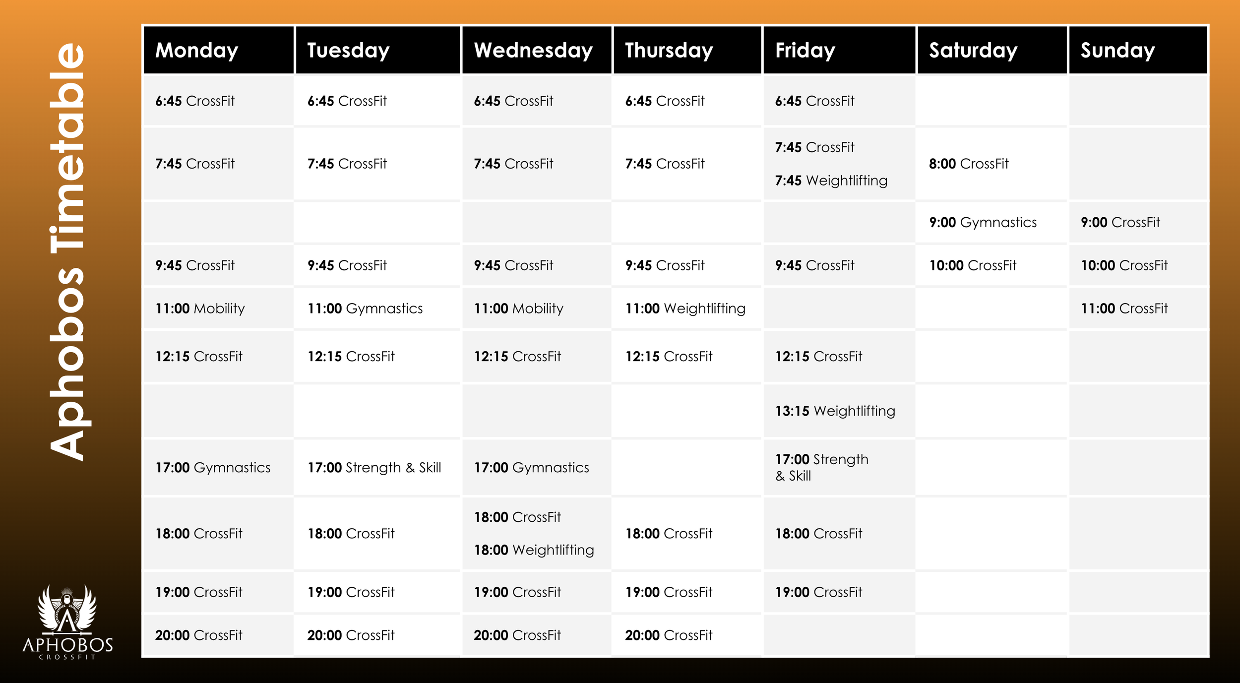 Weekly gym class schedule for APHOBOS Crossfit, displaying classes from Monday to Sunday with times and activities including CrossFit, Gymnastics, Weightlifting, Mobility, Strength & Skill, at different times each day.