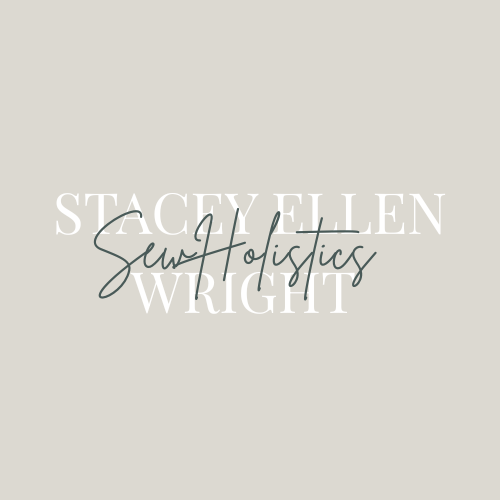 A graphic design with the name Stacey Ellen Sue Holistic Wright on a gray background.