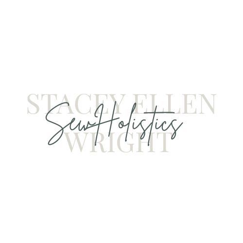 Elegant logo with the text "Stacey Ellen Wright" in large, light gray font and "Sew Holistics" in a smaller, black, cursive font overlapping the larger text.