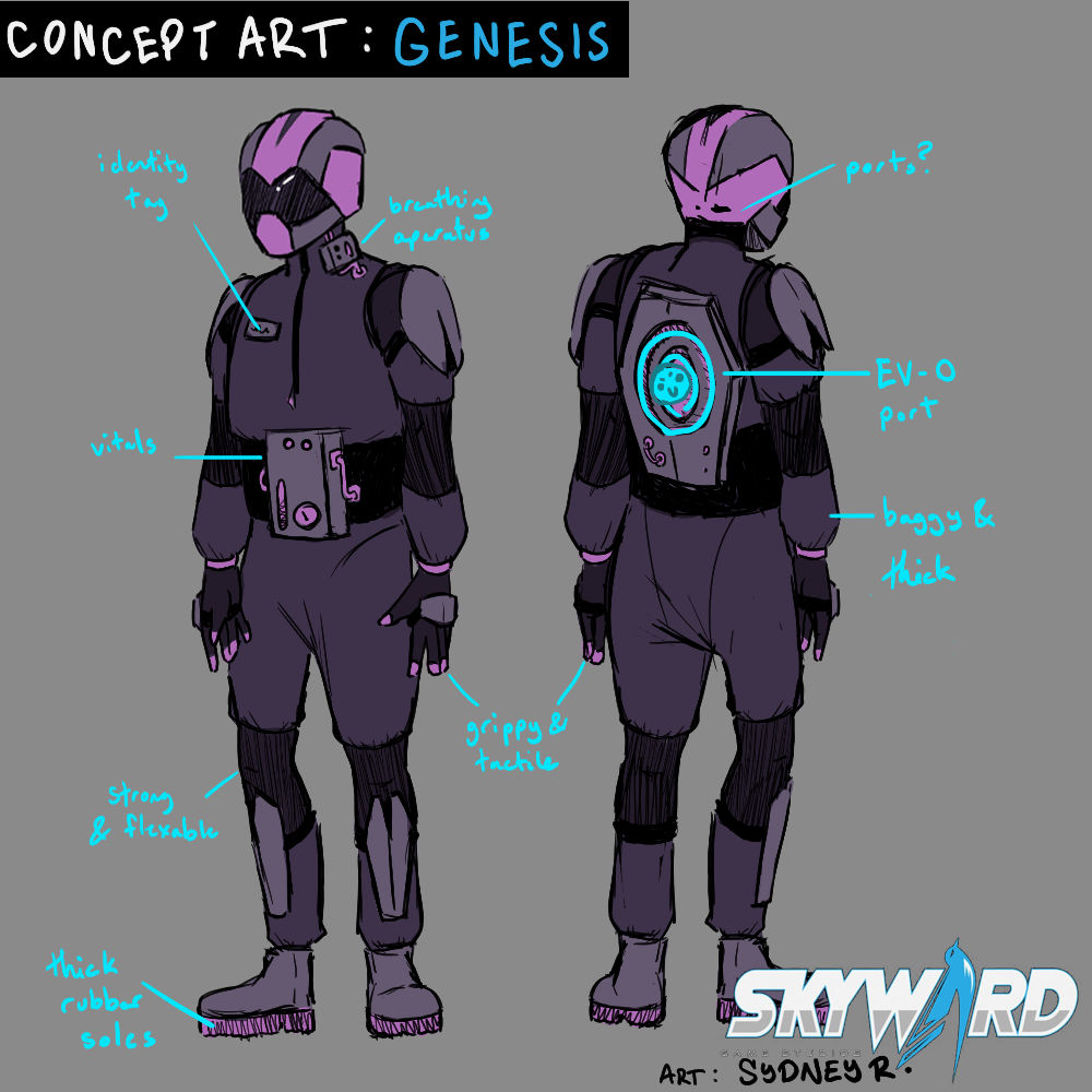 Full body exploration of helmet concept art (purple) created for "Genesis"