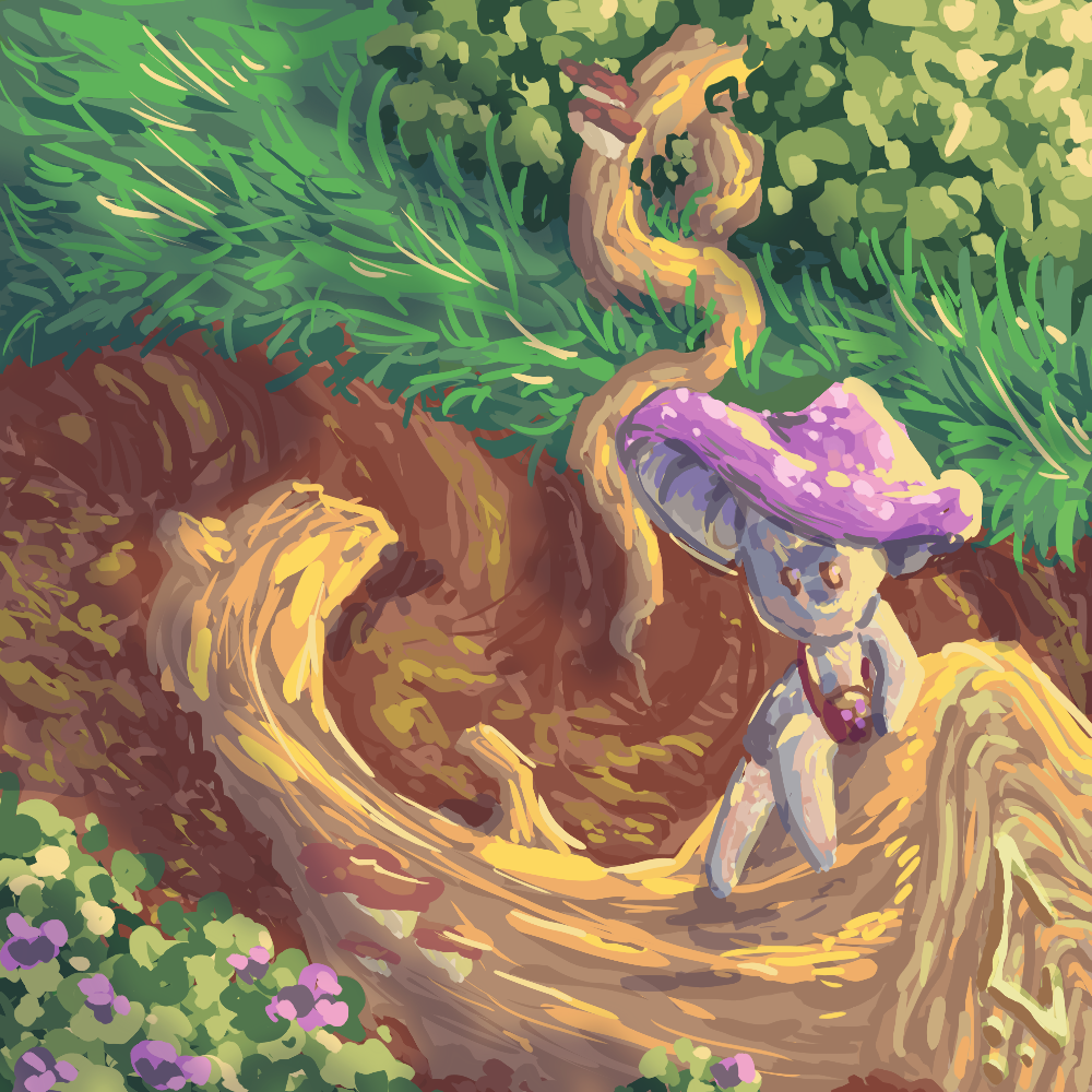 Experimental painterly illustration of a mushroom creature in a fantasy forest
