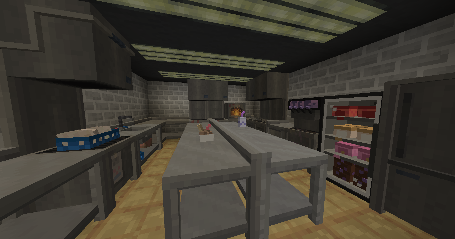 Industrial kitchen set and building blocks displayed in game.