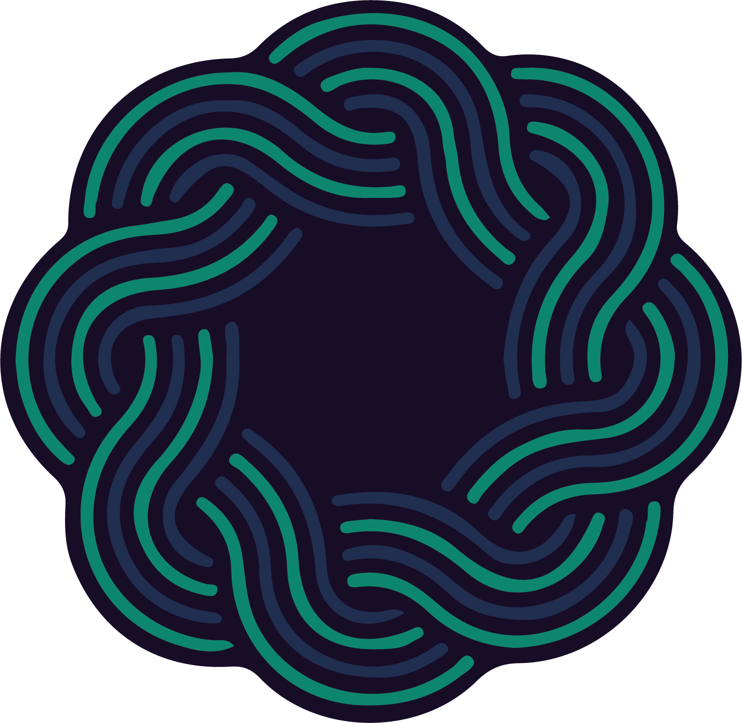 A circular abstract design with flowing, curved lines in teal and navy blue on a black background.