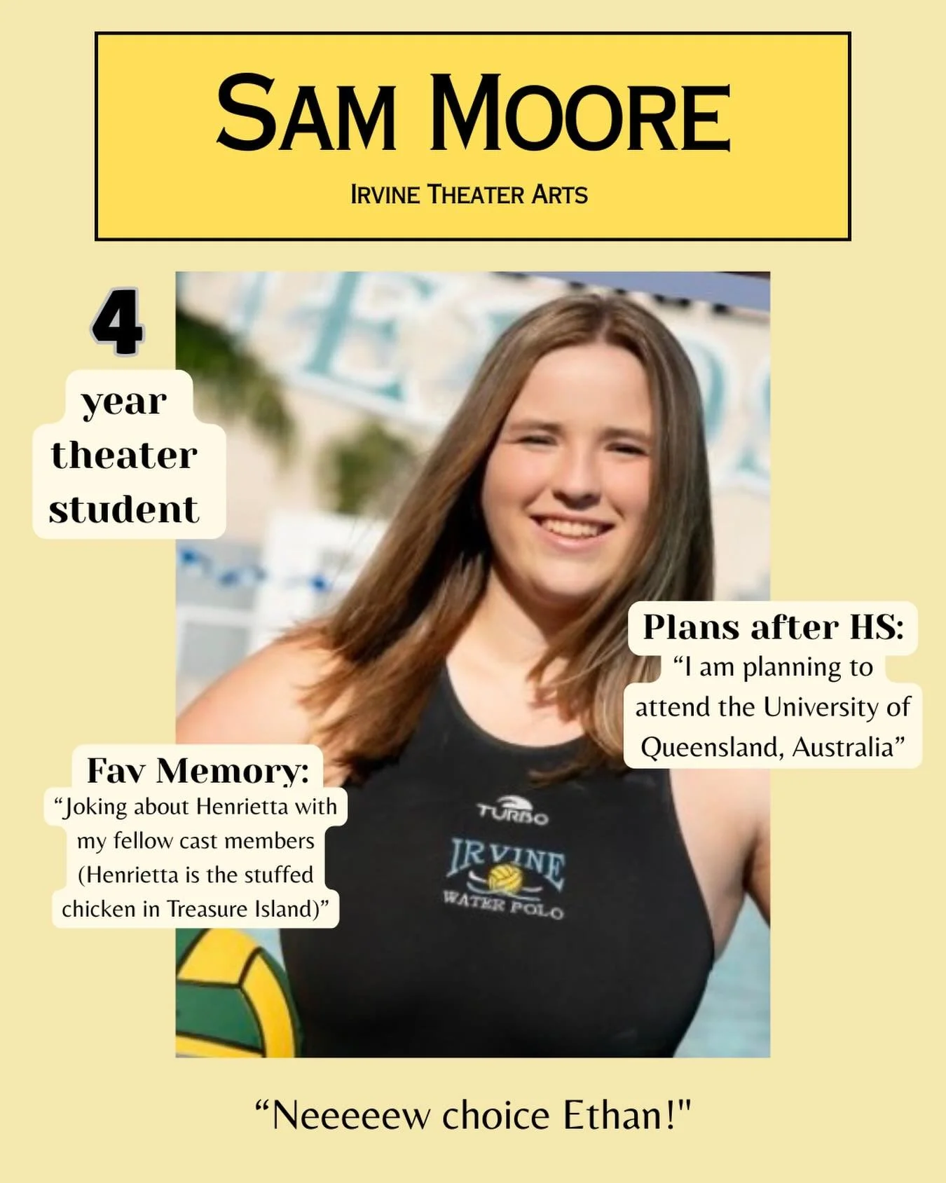 Our Waterpolo Goalie! We&rsquo;ve loved having you in our program, Sam! Good luck in Australia!