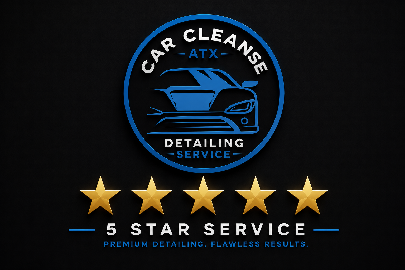 Neon sign for Car Cleanse ATX detailing service with a stylized car outline and a five-star rating, on a black background, with promotional text.