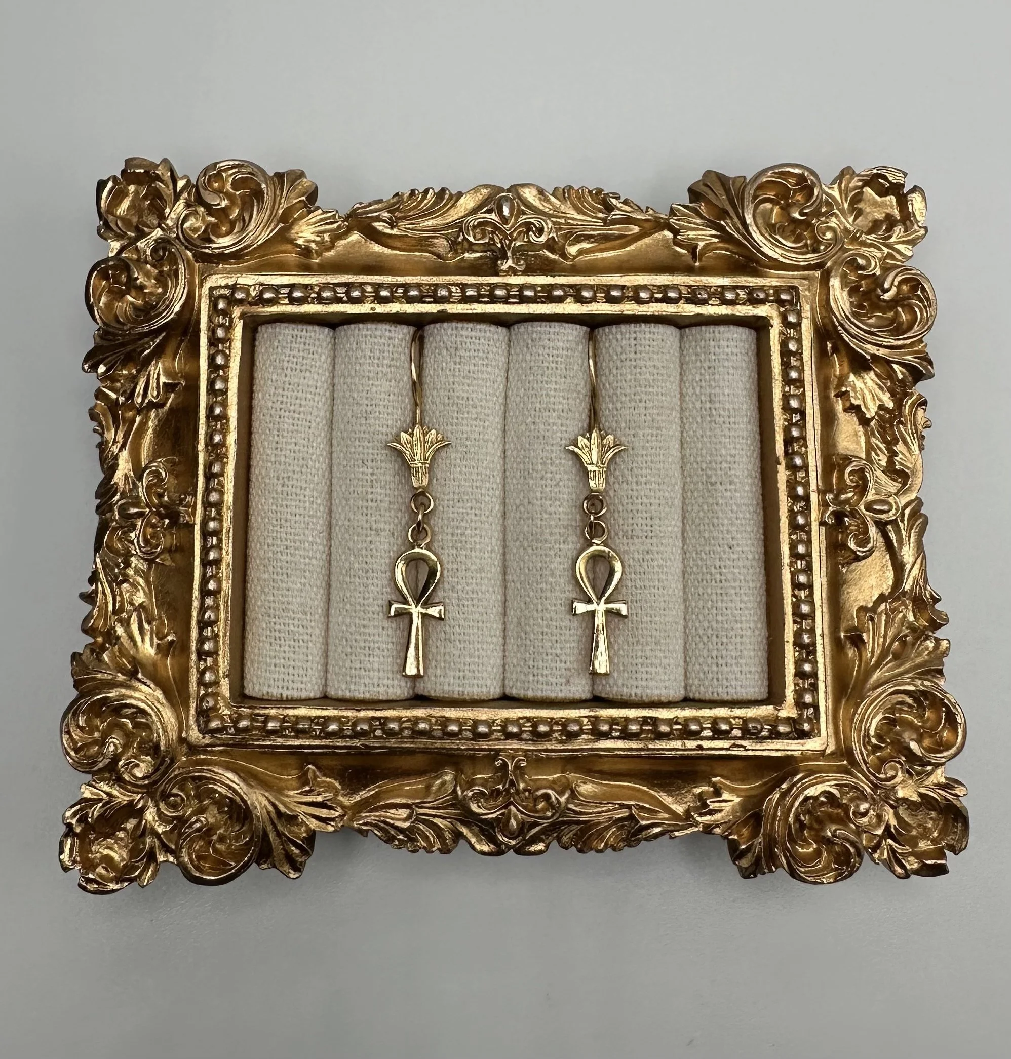 Vintage Egyptian 18K Gold Lotus & Ankh Dangle Earrings
