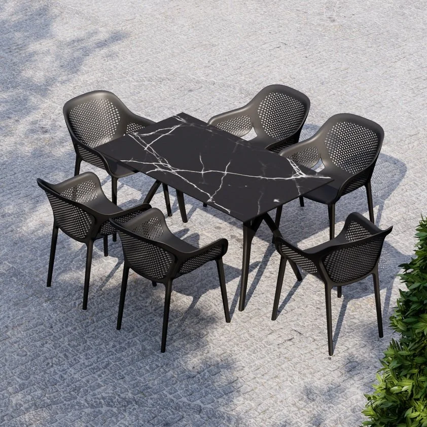TABLE: IVY-L RECTANGLE 80x140cm (31.5" x 55.1"): Tabletop Color: Black Marble | Table Base Color: Black
ARMCHAIRS: Atra | Anthracite-S/Black-B