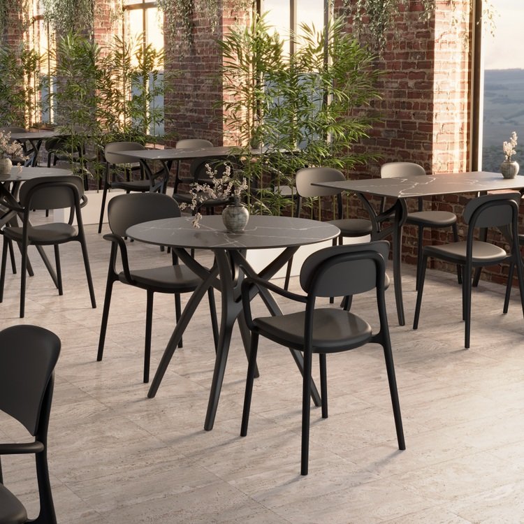 TABLE: IVY-L ROUND 90cm (35.4"): Tabletop Color: Black Marble | Table Base Color: Black
