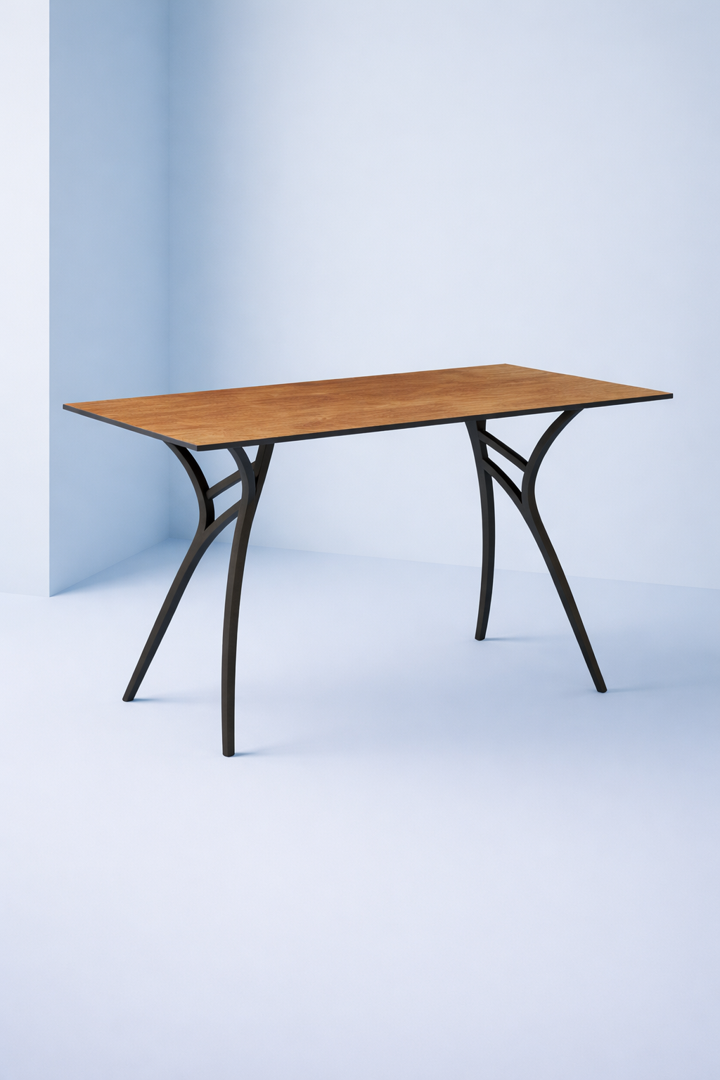 Modern table with a wooden top and black metal legs against a light blue wall.