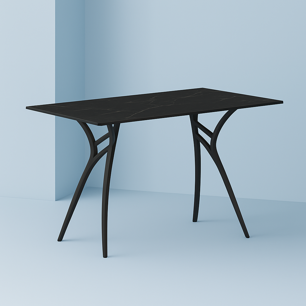 A black table with a blue background.