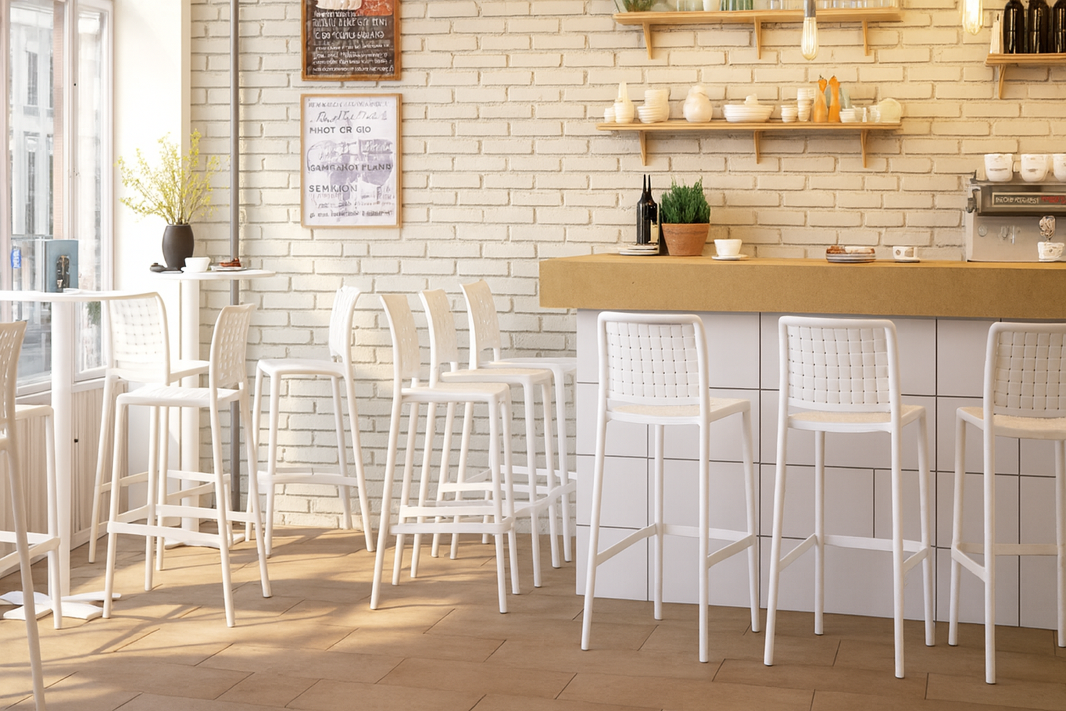 White bar chairs around a bar