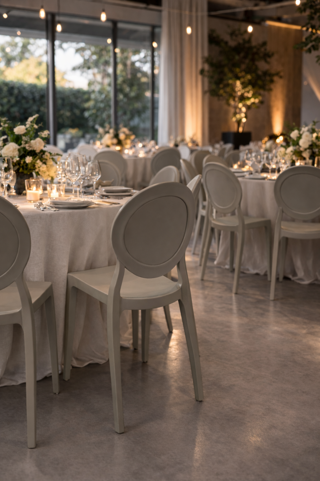 Rotus Chair Concrete sitting around a fancy dining table