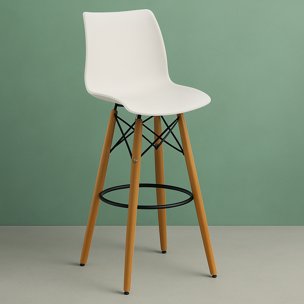 White modern bar stool with wooden legs and black metal supports, set against a green wall.