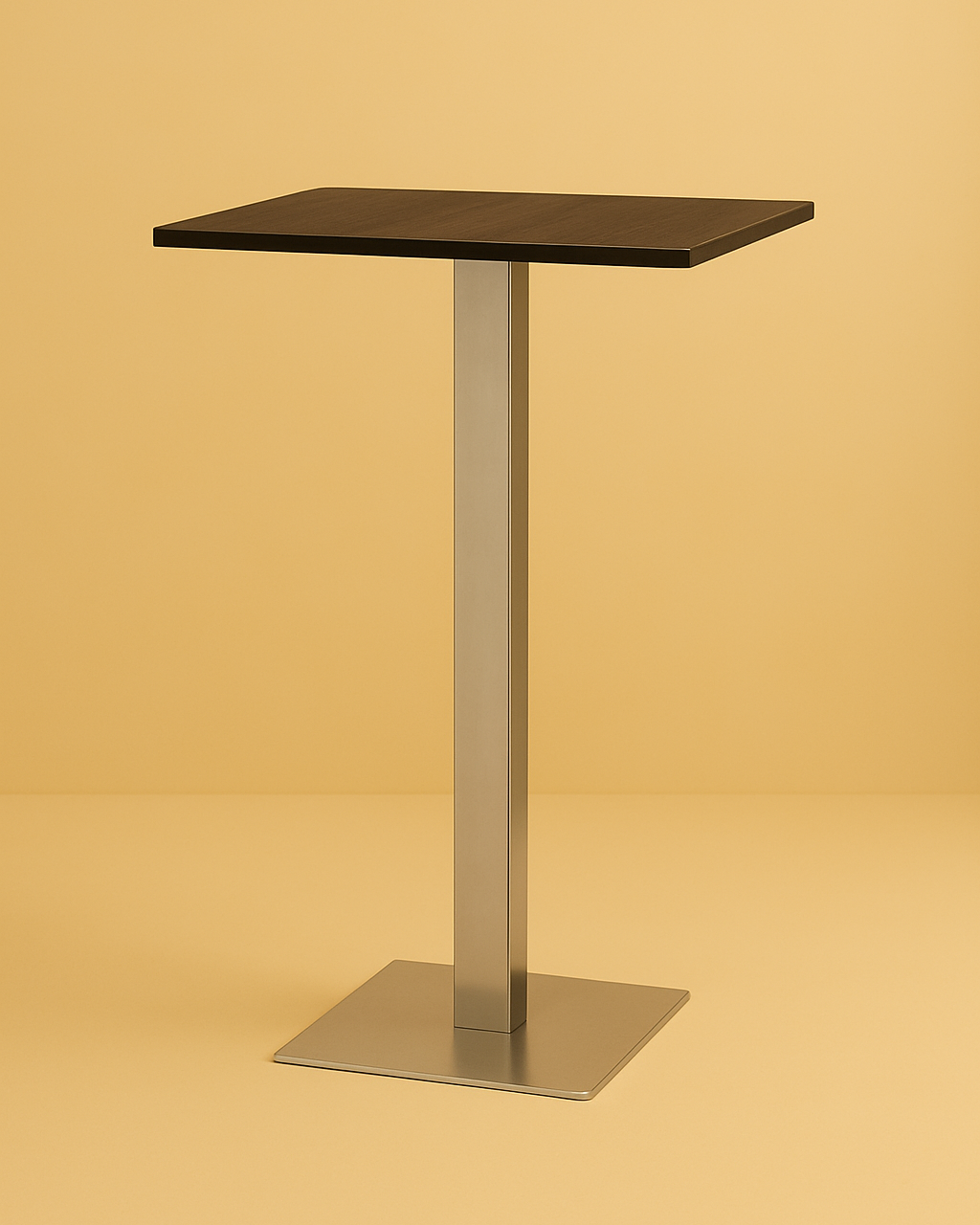 A modern standing table with a dark wooden top and a metal pedestal base against a beige background.