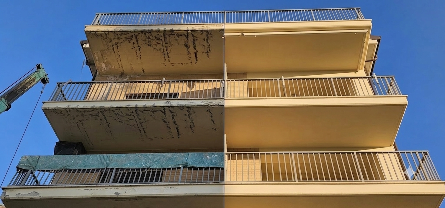 Prima e Dopo il ripristino strutturale e la protezione idrorepellente di balconi a San Salvo Marina - Confronto diretto dell'intervento di risanamento e finitura - Edil D'Alessandro S.r.l.