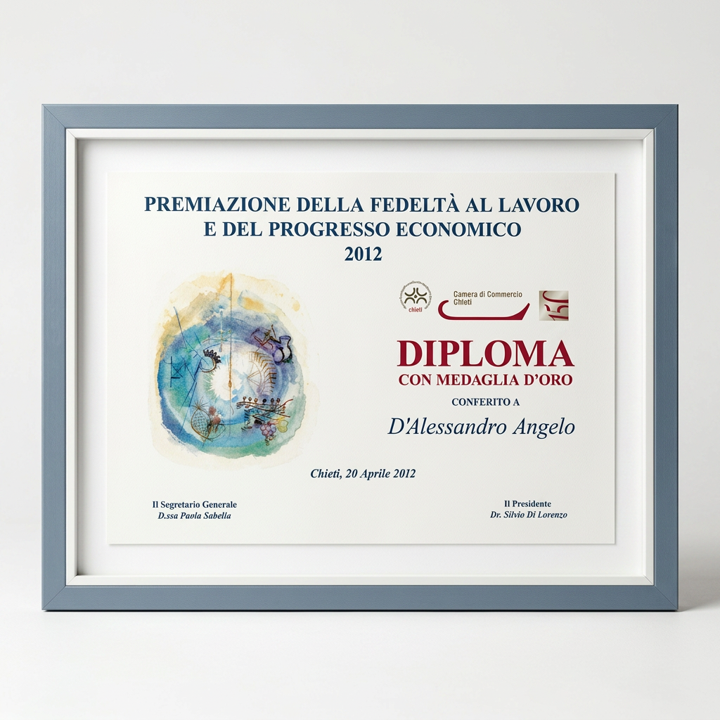 Diploma di riconoscimento consegnato a D'Alessandro Angelo il 20 aprile 2012, presso Chieti, per fedeltà al lavoro e progresso economico, con medaglia d'oro.
