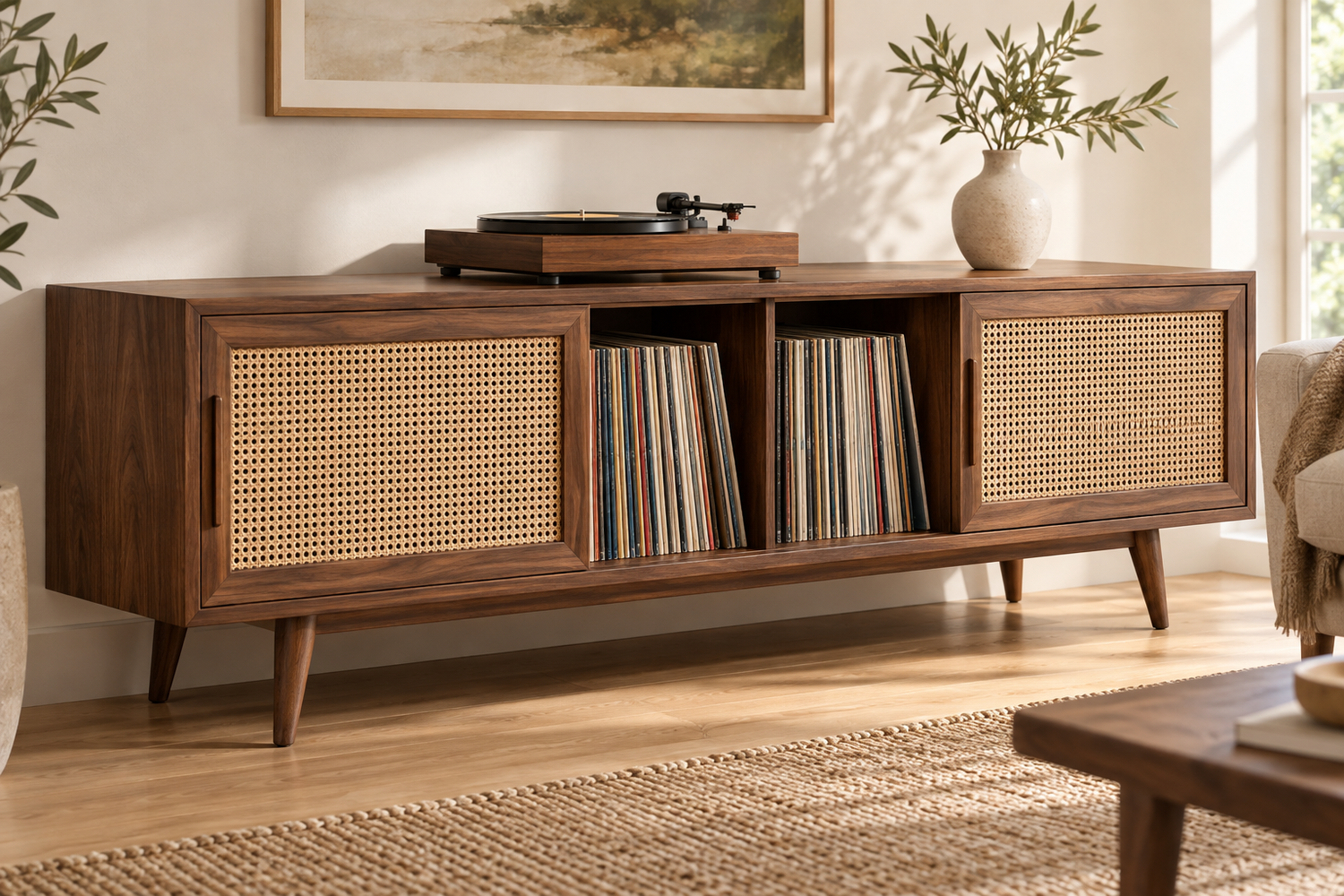 Design concept of a walnut and cane media console