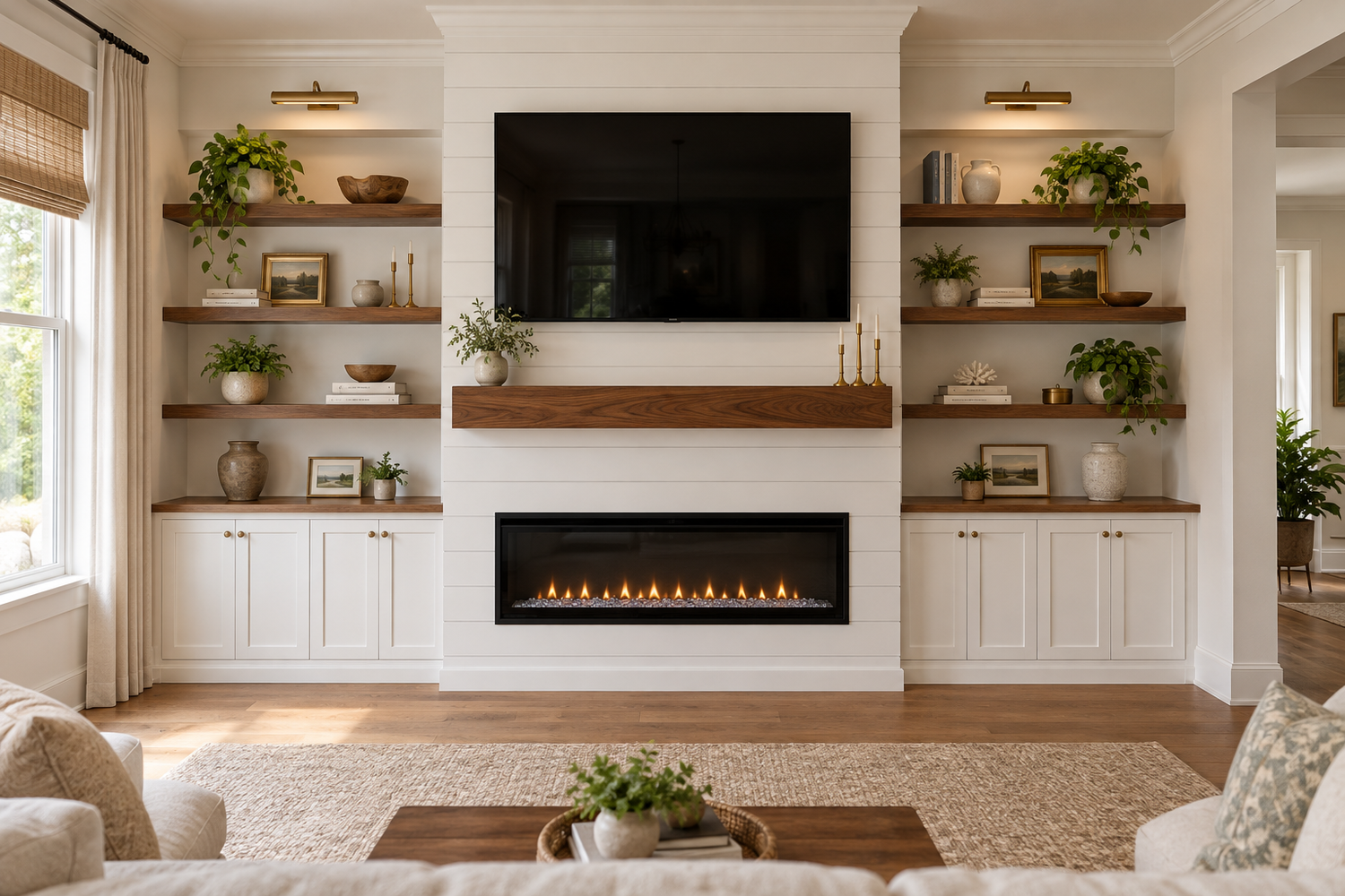 Design concept of a white fireplace built-in with walnut mantel and shelves